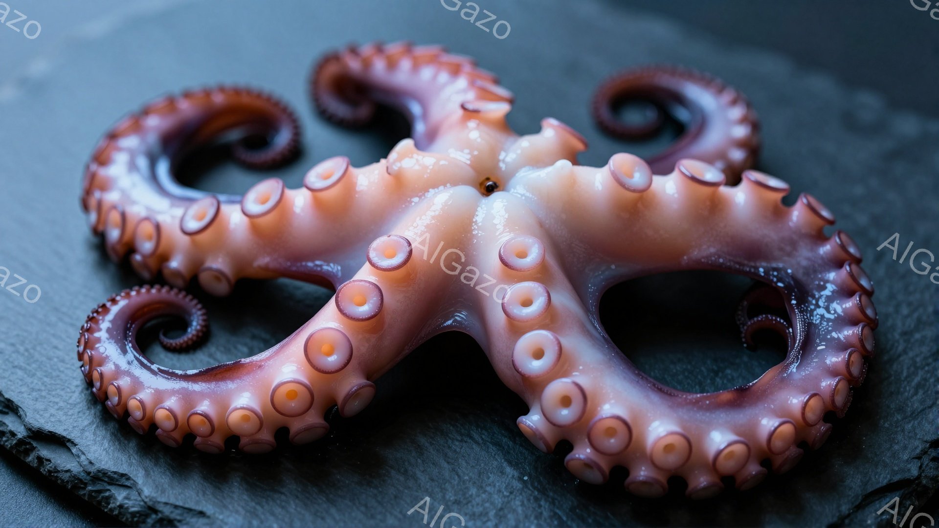 滑らかな質感のタコ足が、暗いグレーの石板の上に広がっています。吸盤はピンクがかった白で、濡れたような光沢があり、触手を強く引き立てています。背景は均一なグレーで、タコの複雑な形とテクスチャに視線が集中します。