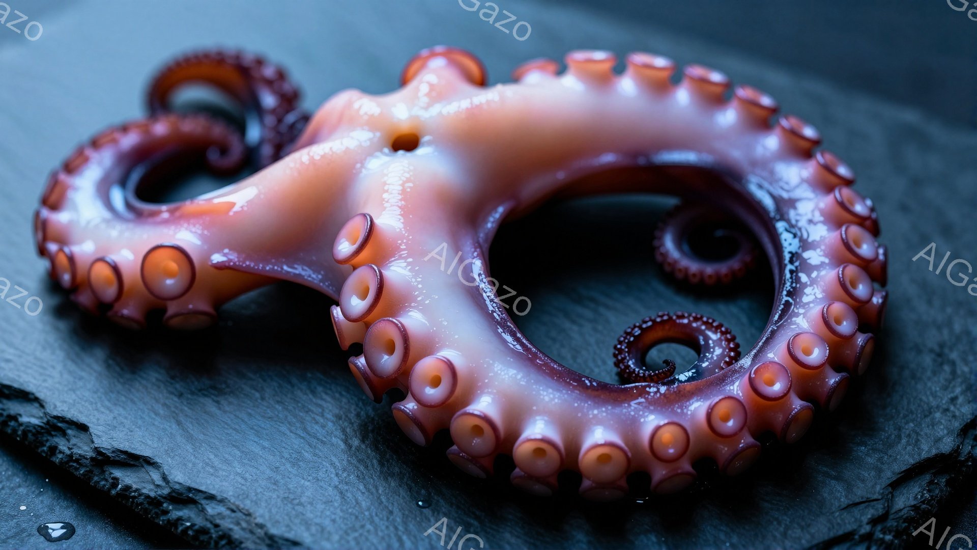 湿った暗いグレーの表面にタコの足が置かれています。吸盤がはっきりと見える、ピンクと紫がかった足は、ねじれて曲がった形状で、まるで生命力のある彫刻のようです。全体的に湿った質感と暗い背景が、神秘的で少し不気味な雰囲気を醸し出しています。