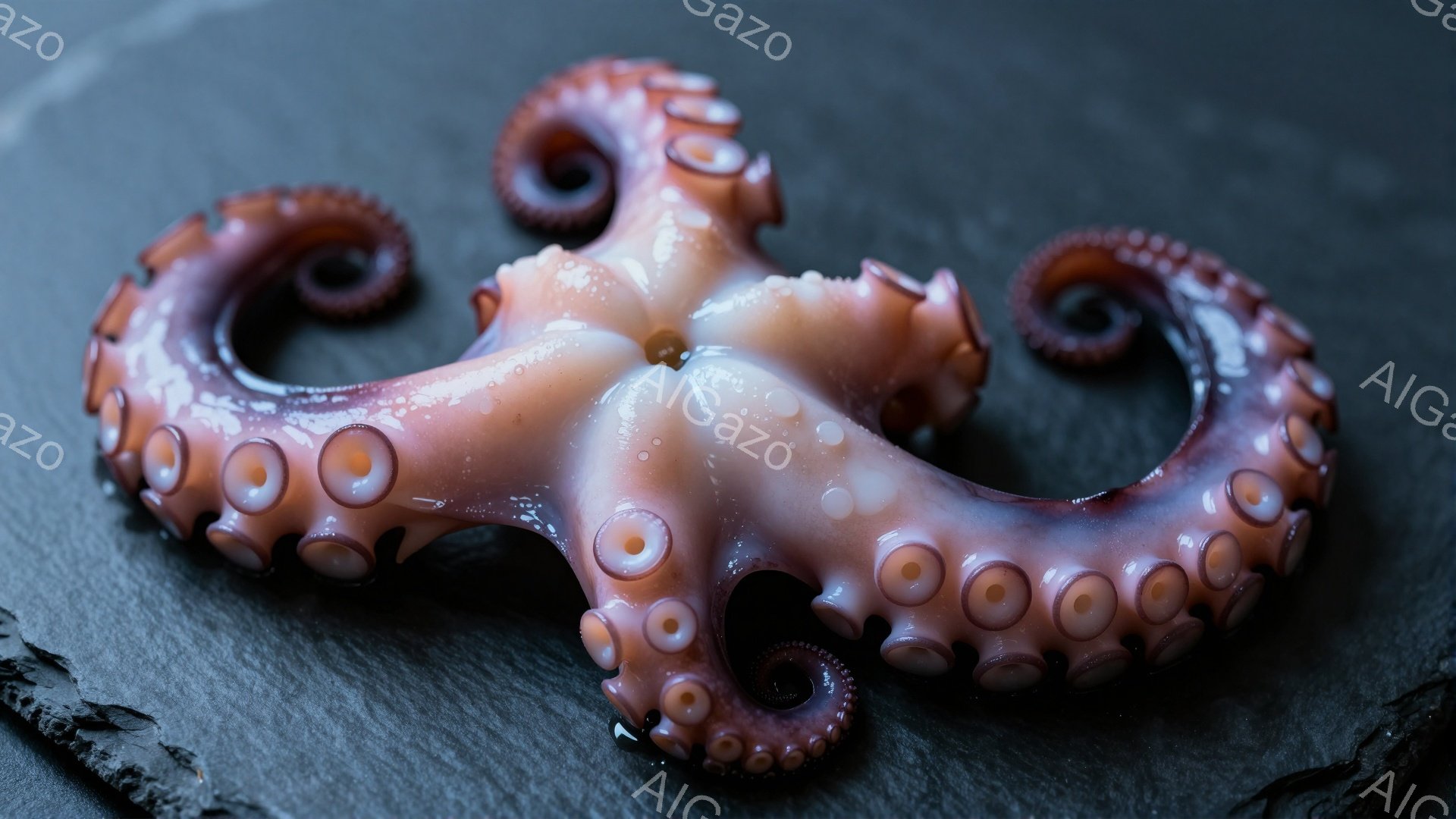 滑らかな質感のタコの足が、暗い色の石板の上に横たわっています。各吸盤ははっきりと見え、ピンクと紫の色合いが混ざり合い、微妙な陰影が足全体に広がっています。 全体的に、湿り気を帯びた質感と淡い色調が、落ち着いた、静謐な雰囲気を醸し出しています。
