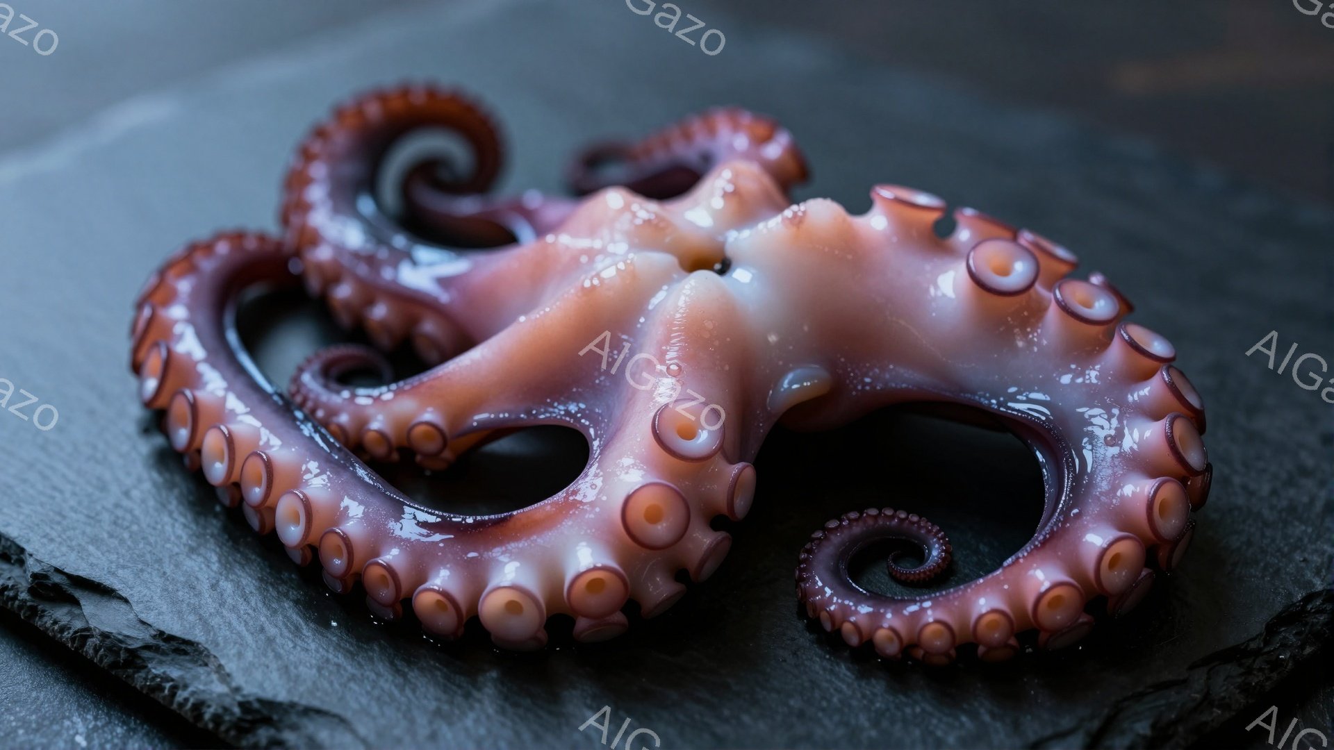 漆黒の石板のような背景の上に、タコの足が置かれています。淡いピンクと紫が混ざり合った色合いで、吸盤がはっきりと確認できます。全体的に柔らかく流れるような曲線が特徴で、どこか神秘的な雰囲気を醸し出しています。