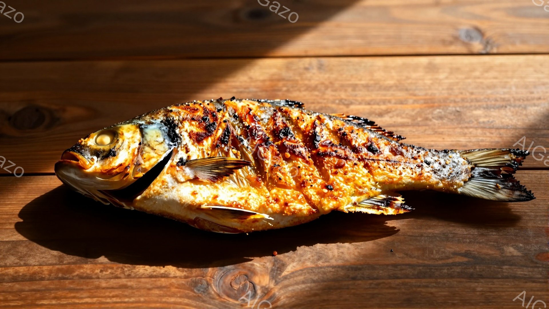 照り焼きされた鯛が木製のテーブルの上に置かれています。魚は全体的に金色と茶色の美しい焼き色をしており、表面には照り照りのタレが塗られています。背景は木目の美しいテーブルで、光が差し込み、魚の照りを強調しています。