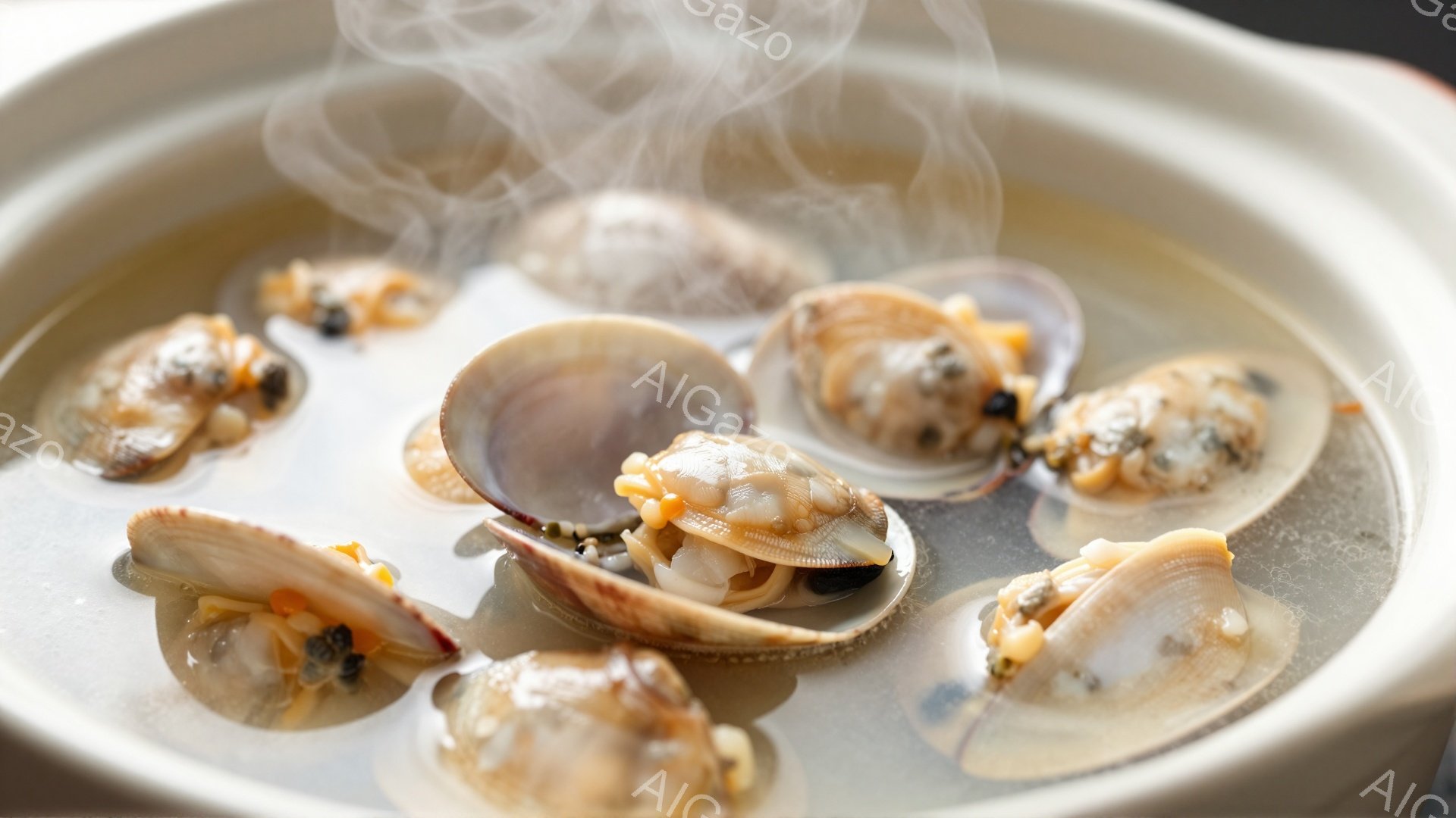 白い器の中に、湯気とともにアサリが数多く並べられています。アサリは口を開け、身がふっくらとしており、新鮮で美味しそうな印象を与えます。湯気が立ち上る様子から、熱々で提供されていることが伺えます。