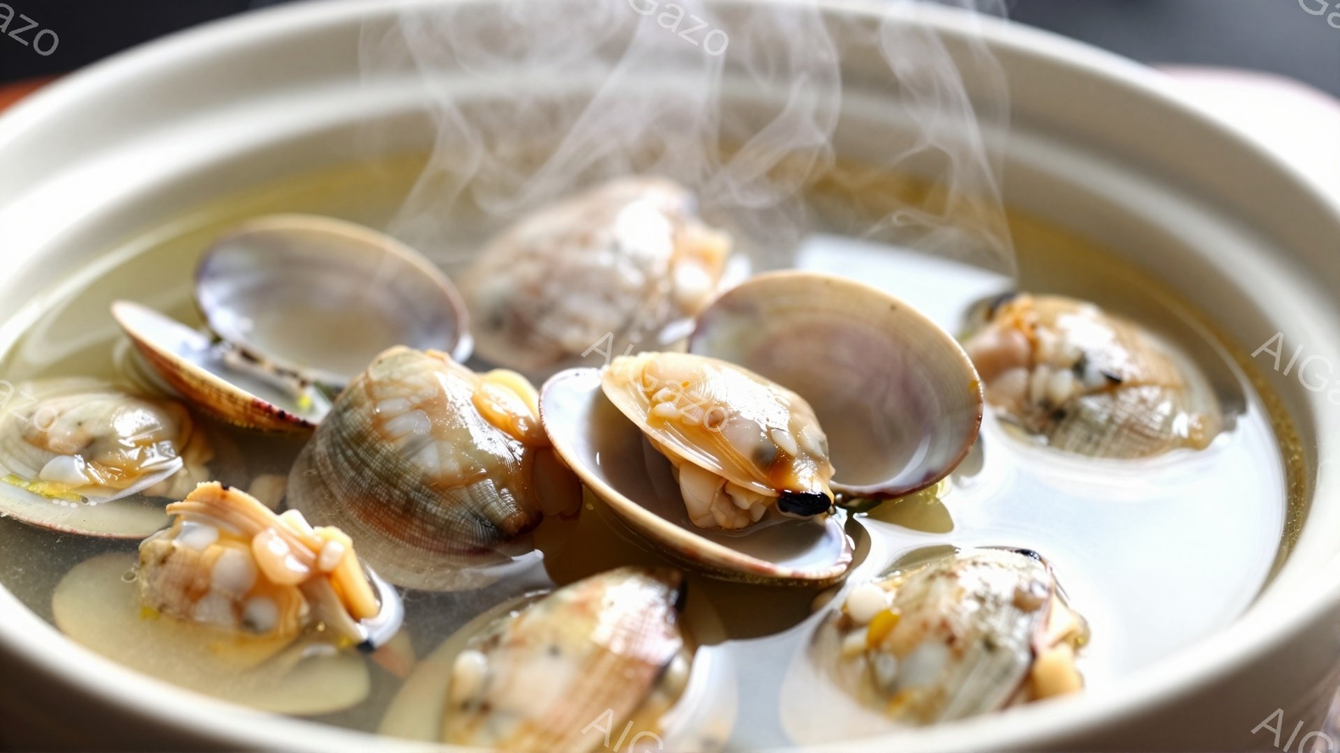 鍋の中にアサリがたっぷり煮込まれており、湯気が立ち上っている様子が写っている。アサリの殻は鮮やかな模様があり、中身はふっくらとしていて美味しそうだ。鍋は白く、シンプルなデザインで、アサリの鮮やかさを引き立てている。