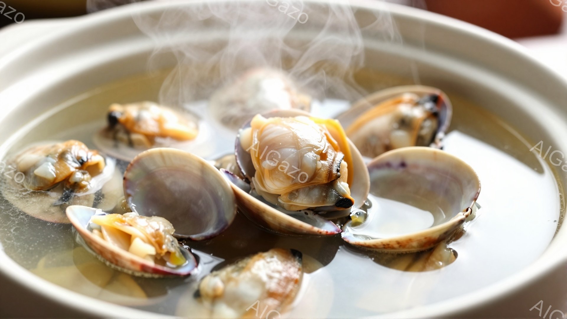 熱いスープの中に、新鮮なアサリがたっぷり入っています。アサリの殻は紫色と白の美しいコントラストを見せ、中身の身はふっくらとしていて美味しそうです。湯気が立ち上り、まるで調理されたばかりの温かい料理の香りが漂ってくるようです。