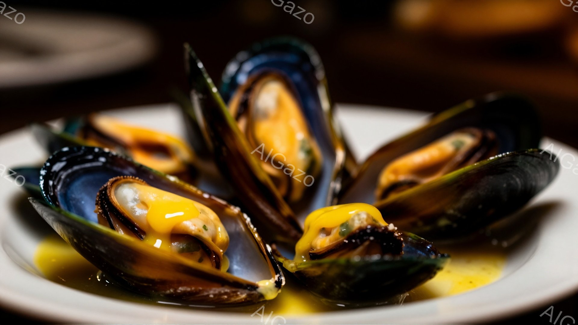 殻が開いたムール貝が皿の上に並べられており、鮮やかな緑と紫色の殻の内側には、黄色のバターソースとみじん切りのハーブが乗せられている。皿は白く、背景は暗くぼやけており、焦点はムール貝の食欲をそそる様子に - AI生成フリー素材