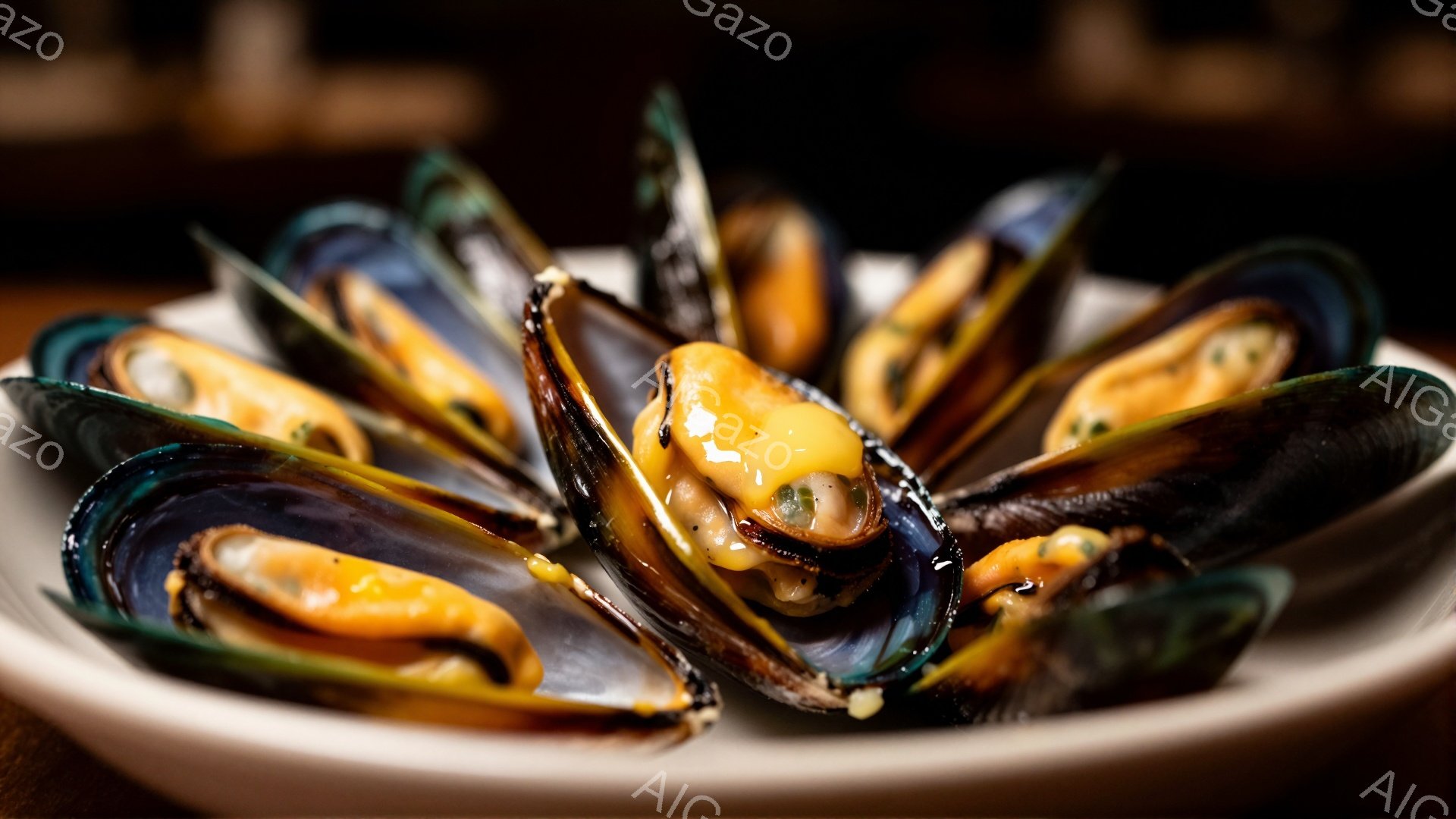 殻が開いたムール貝が白い皿に山積みに盛り付けられています。貝肉は鮮やかなオレンジ色をしており、ハーブやバターソースがかけられています。背景は暗く、皿とムール貝が際立っており、食欲をそそる雰囲気です。