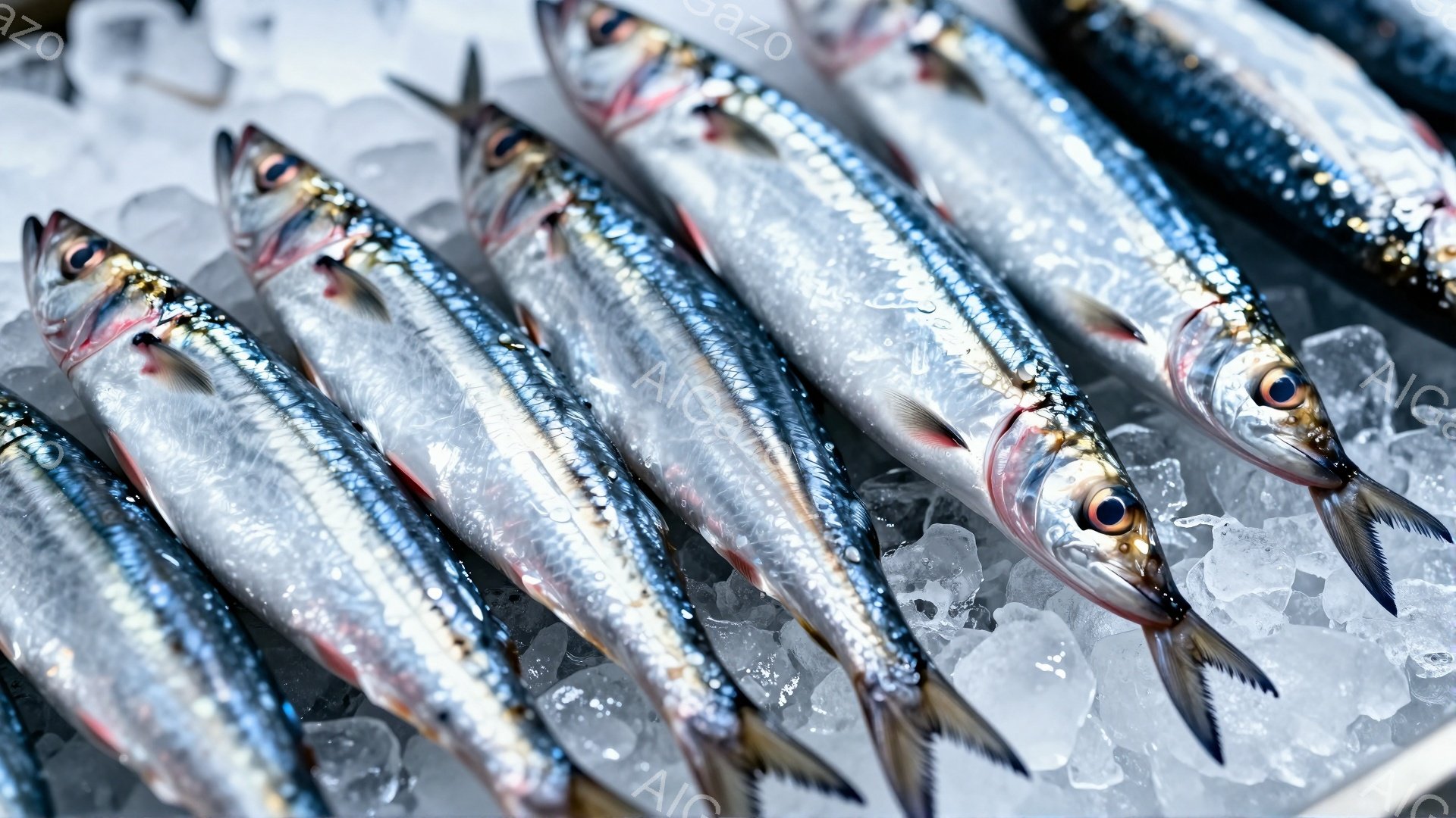 新鮮なアジが氷の上に並べられています。銀色に輝く魚体は、鮮やかな眼光を持ち、美味しさを引き立てています。氷の透明感と魚のコントラストが、食欲をそそる様子を表現しています。 - AI生成フリー素材