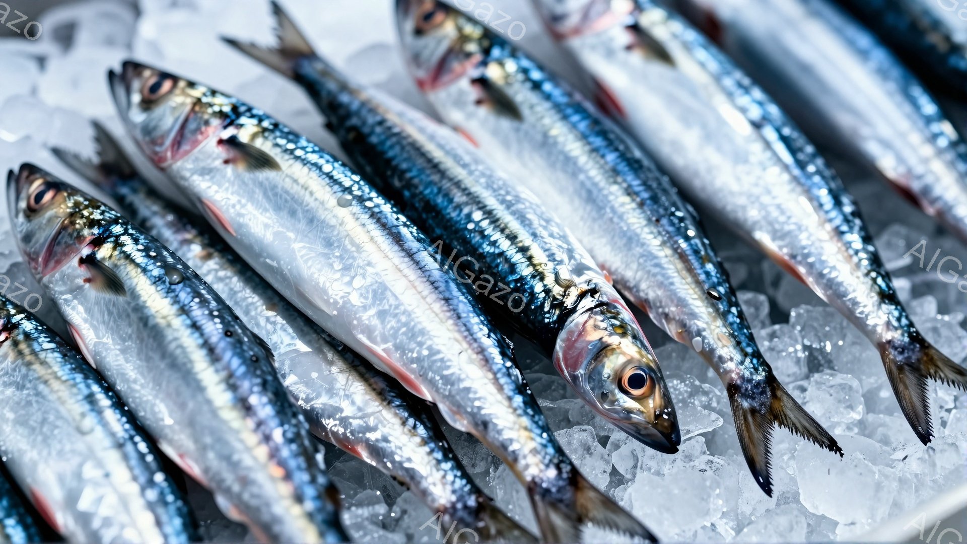 鮮やかな銀色の魚が氷の上に整然と並べられています。魚は種類が特定できますが、アジやイワシのような小型の魚で、新鮮さを保つために氷に埋められています。全体的に清潔で新鮮な印象を与える、市場や魚屋の光景を切り取った写真です。