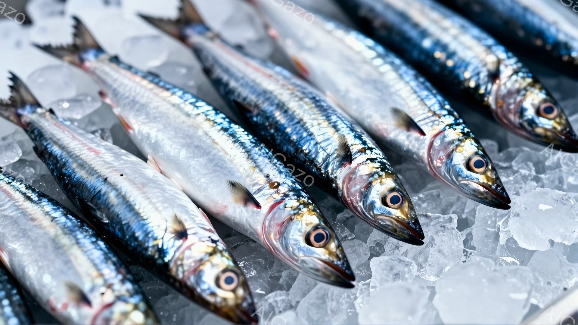 鮮やかな銀色の魚が氷の上に横たわっており、それぞれの魚の目は光を反射して輝いている。魚の体は滑らかで、まるで生きたばかりのように見える。氷の冷たさと魚の新鮮さが、視覚的に伝わってくる。