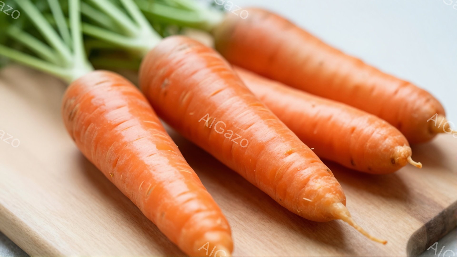 画像には、木製のまな板の上に並んだ、鮮やかなオレンジ色のニンジンが写っています。ニンジンは土が付いたままの根元と緑色の葉を保っており、新鮮さが強調されています。背景はぼやけていますが、明るい照明の下で自然な色合いが際立っています。