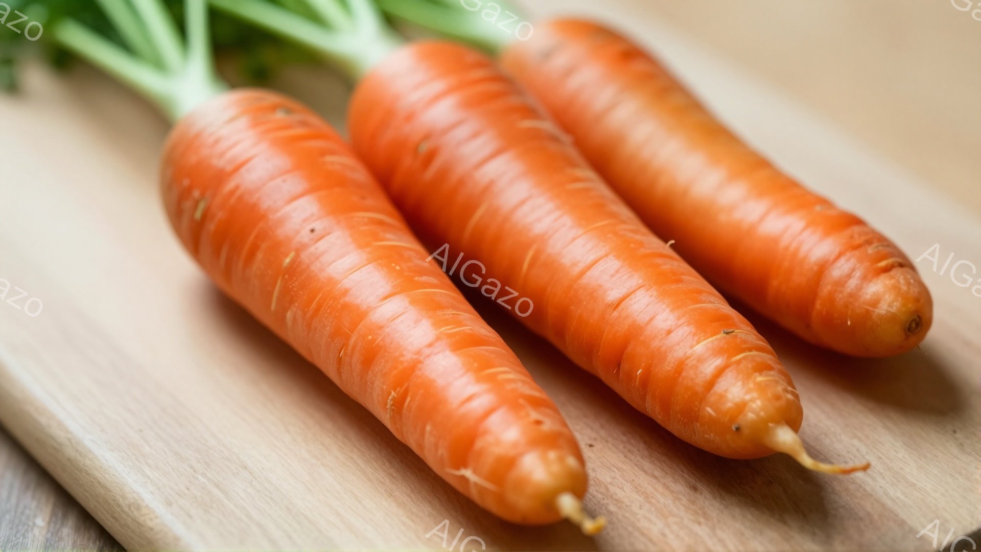 画像には、木製の板の上に3本のニンジンが並んでいる様子が写っている。ニンジンは鮮やかなオレンジ色をしており、緑色の葉が付いている。背景は木目が見える板で、全体的に暖かく、自然な雰囲気が漂っている。 - AI生成フリー素材