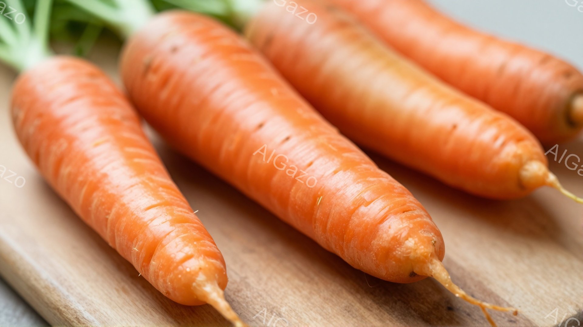 画像には、木製のまな板の上に並んだ4本のニンジンが写っています。ニンジンは鮮やかなオレンジ色で、根元には細い根が残っています。背景はぼやけていますが、グレーの表面が見えます。