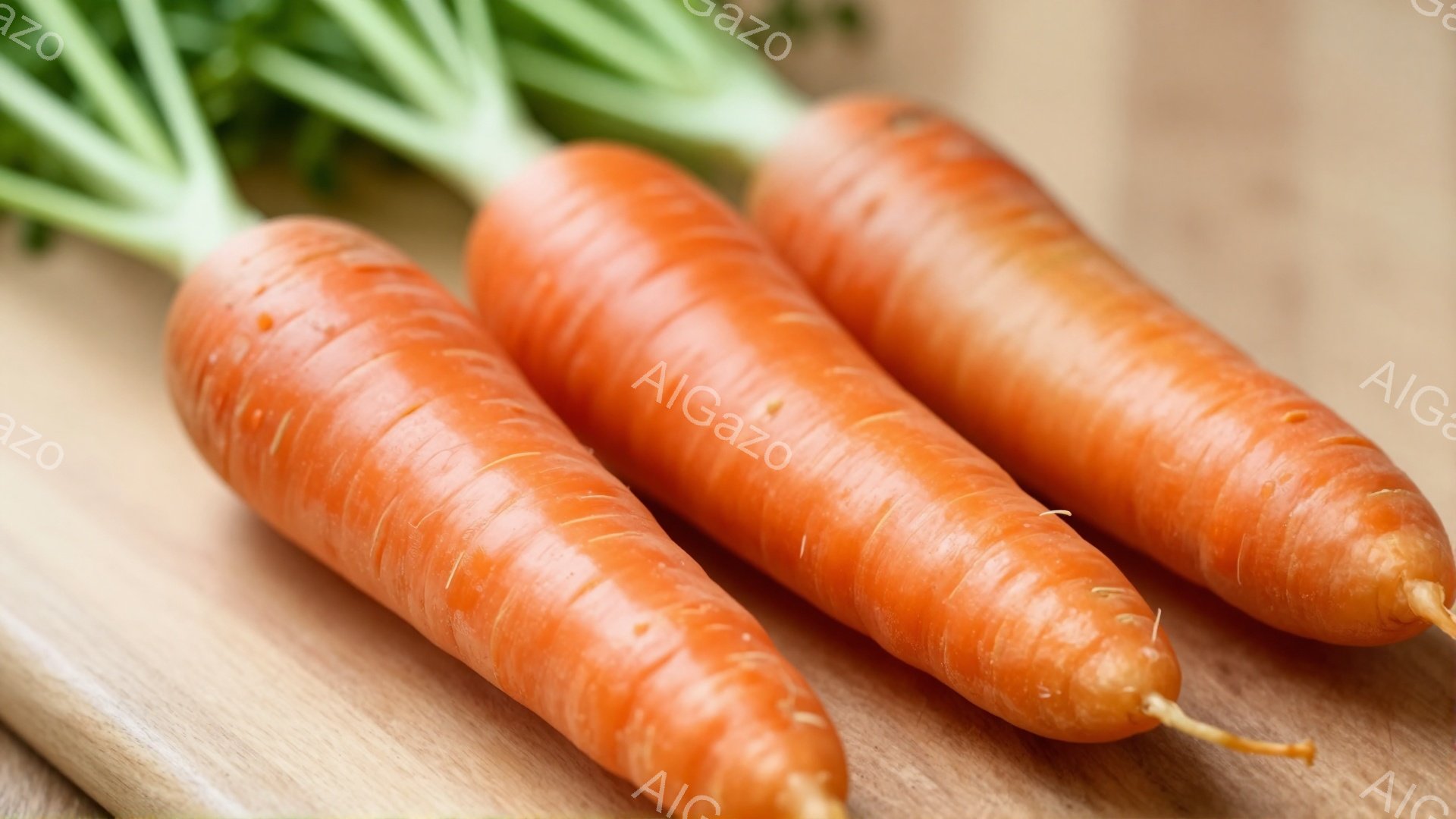 画像には、3本のオレンジ色のニンジンが木製の板の上に並んでいます。ニンジンは緑色の葉が付いており、土から掘り出したばかりの新鮮な様子が伺えます。全体的に暖色系の色合いで、素朴で自然な雰囲気が漂っていま - AI生成フリー素材