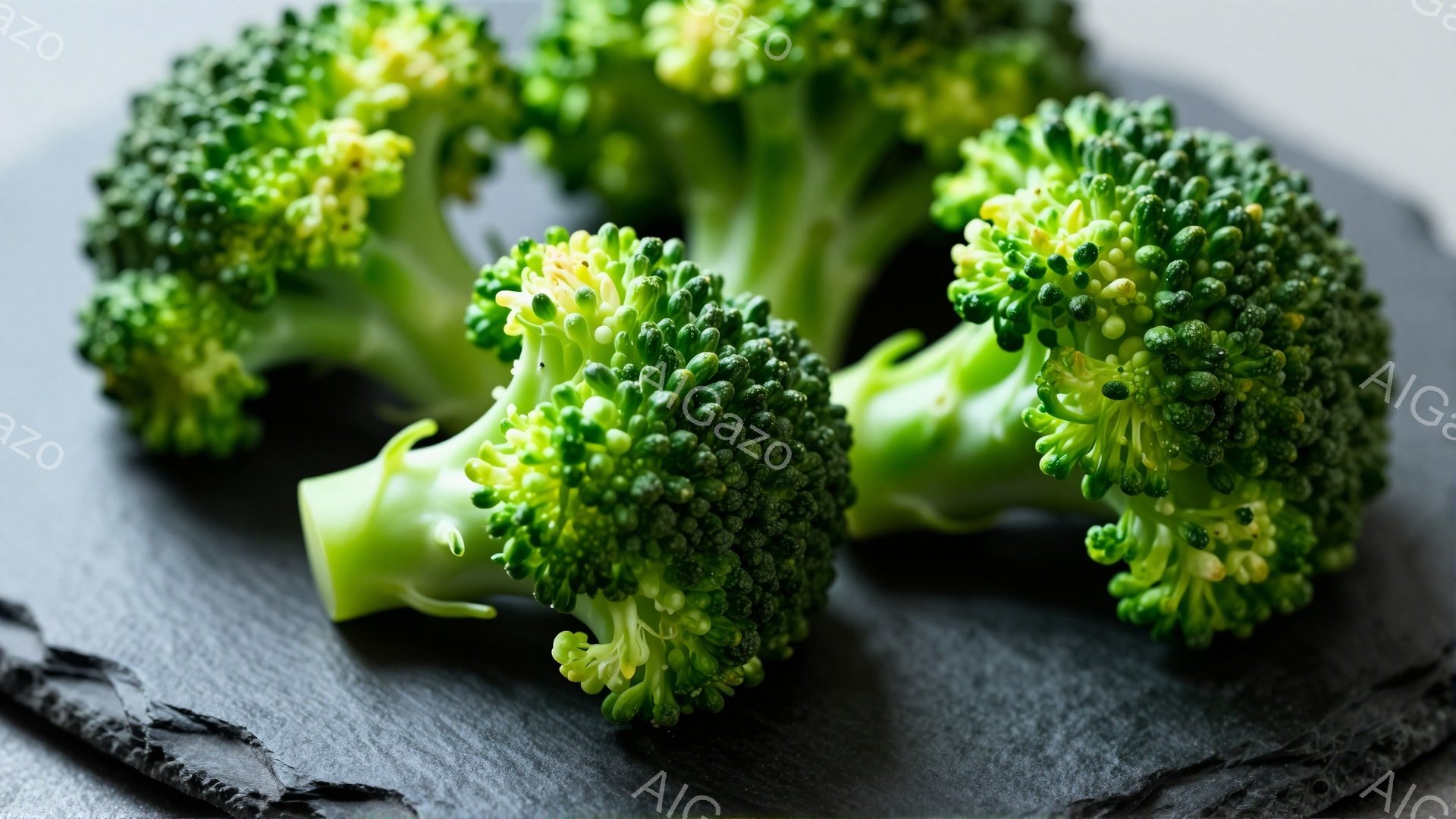 鮮やかな緑色のブロッコリーの花蕾が、黒い石板のような背景の上に置かれている。花蕾は密集しており、それぞれが独特の形をしており、葉の緑色が強く、一部に黄色がかった部分も見られる。全体的に健康的で新鮮な印象を与える、シンプルな静物画である。