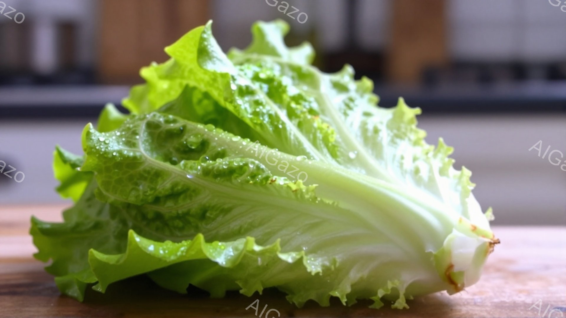 画像は、新鮮なレタスの一部が木製の板の上に置かれたクローズアップ写真です。葉は鮮やかな緑色で水滴で覆われており、まるで洗い立てのようです。背景はぼかされており、暖かく自然な雰囲気を感じさせます。