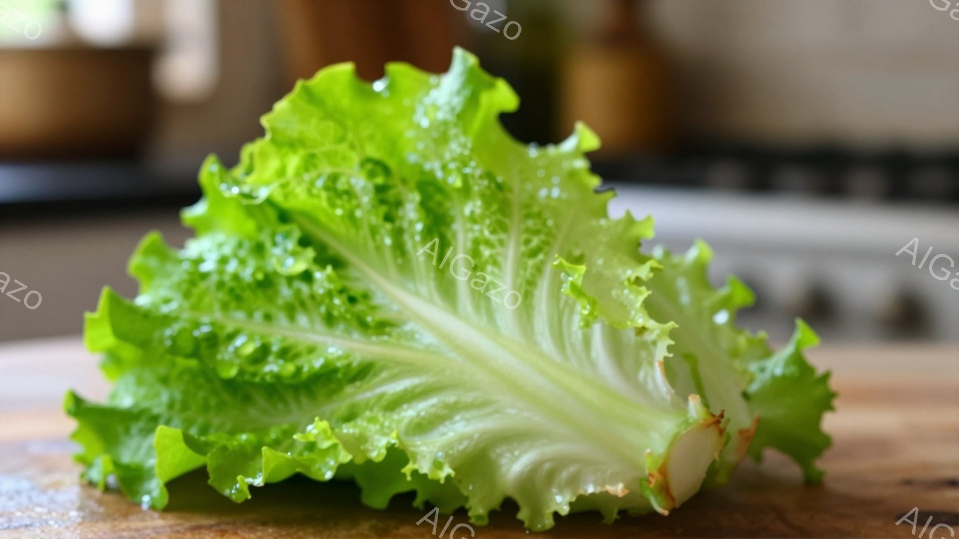 鮮やかな緑色のカールレタスが、木製の板の上に乗せられています。葉脈がはっきりと見え、水滴がついており、新鮮さを強調しています。背景はぼやけていますが、暖色系の家具の一部が見え、キッチンや食卓を連想させ - AI生成フリー素材