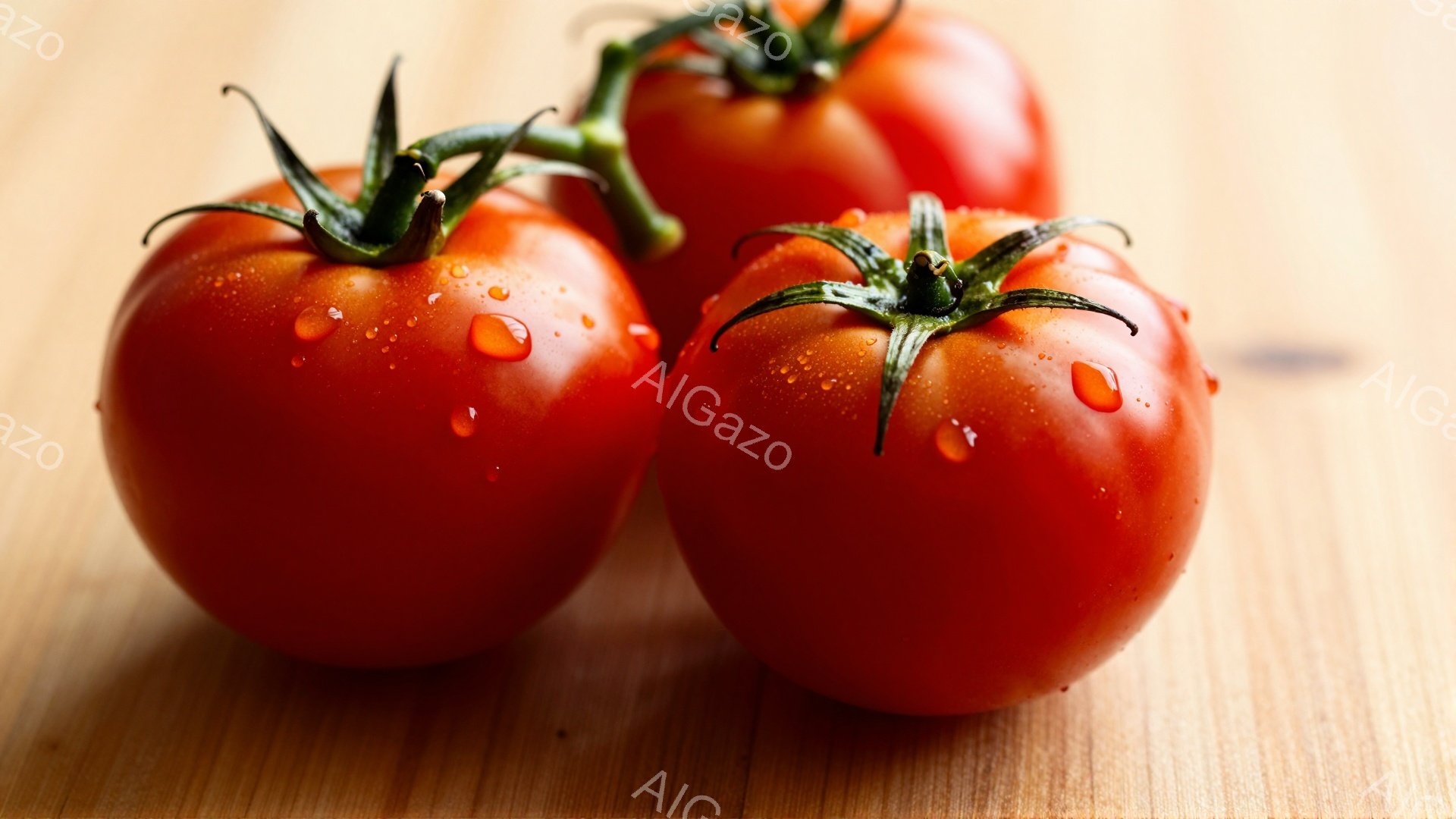 鮮やかな赤いトマトが三つ、木製のテーブルの上に並んでいます。トマトには水滴がつき、まるでシャワーを浴びたばかりのように見えます。背景は木目が見えるテーブルで、暖かく自然な雰囲気を醸し出しています。 - AI生成フリー素材