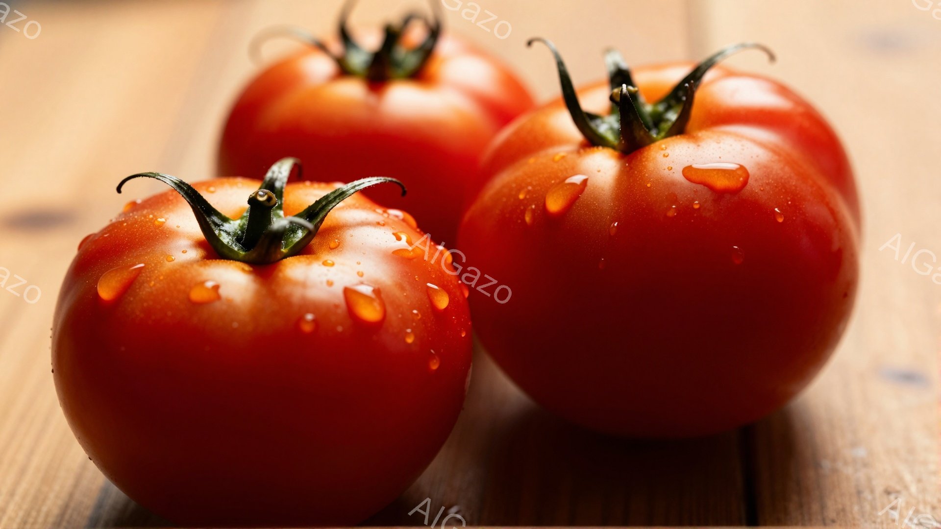 鮮やかな赤色のトマトが三つ、木製のテーブルの上に置かれています。トマトの表面には水滴が光り、新鮮さを強調しています。背景は木目が見えるテーブルで、暖かく素朴な雰囲気を作り出しています。 - AI生成フリー素材