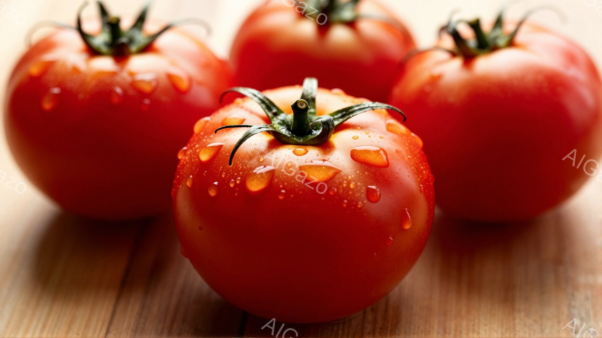 画像には、木製のテーブルの上に置かれた、鮮やかな赤いトマトが3つ写っています。トマトは水滴で覆われており、新鮮でみずみずしい印象を与えます。背景はぼやけており、トマトが主役として際立っています。 - AI生成フリー素材