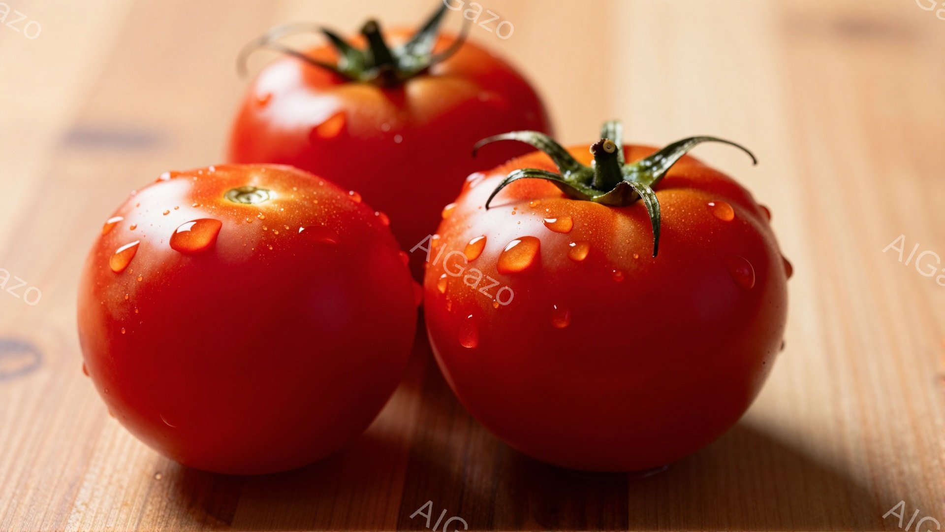 鮮やかな赤色のトマトが三つ、木製のテーブルの上に並んでいます。トマトの表面には水滴が光り、みずみずしさを強調しています。背景は木目が見えるテーブルで、暖かく自然な雰囲気を醸し出しています。 - AI生成フリー素材