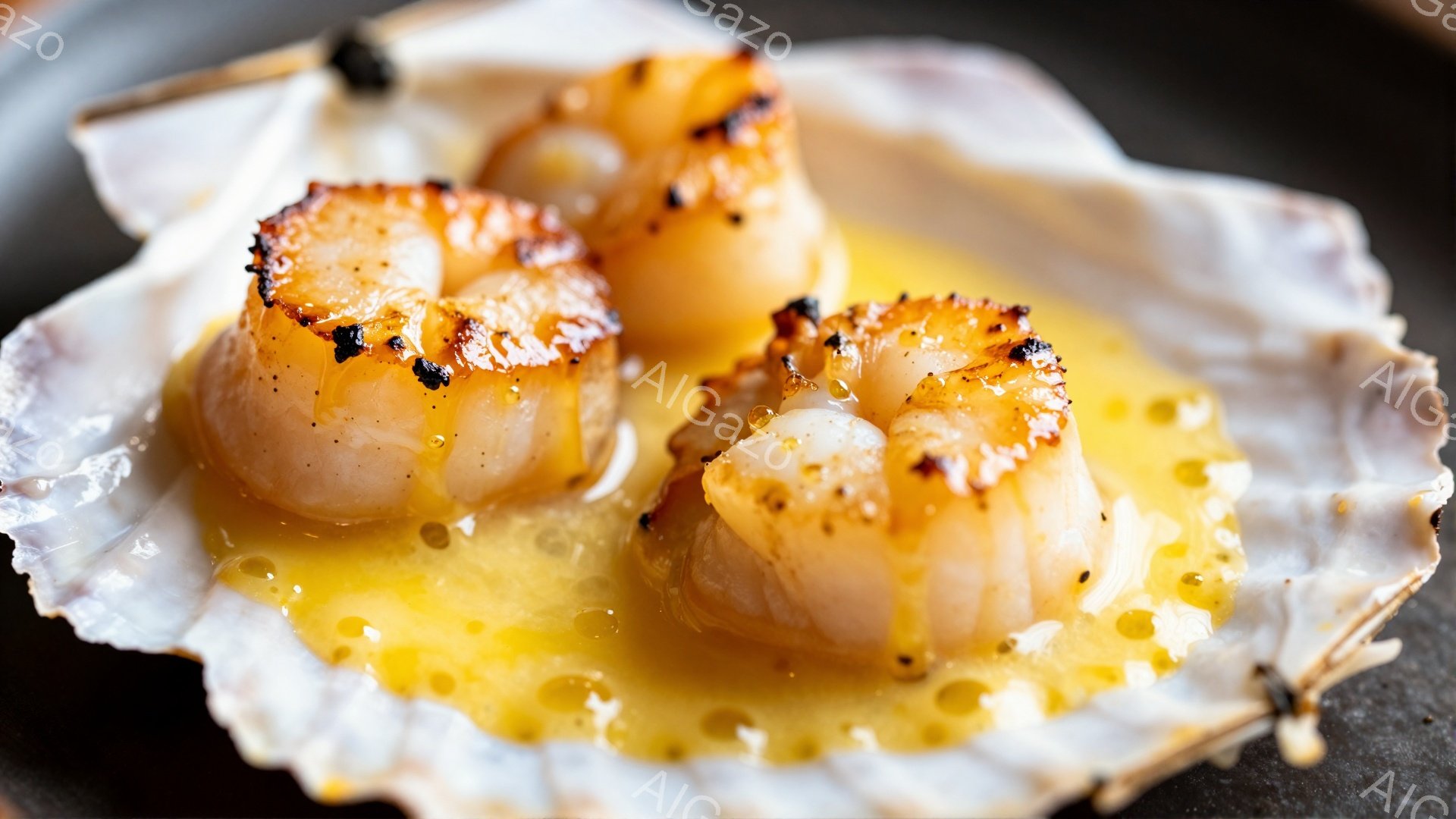 白いホタテの殻の中に、３つの焼きホタテが並んでいる。ホタテは表面が黄金色に焼き上げられ、一部に焦げ目がつき、香ばしい匂いが漂ってくるようだ。溶けたバターまたはオイルの中にホタテが浸されており、高級感が - AI生成フリー素材