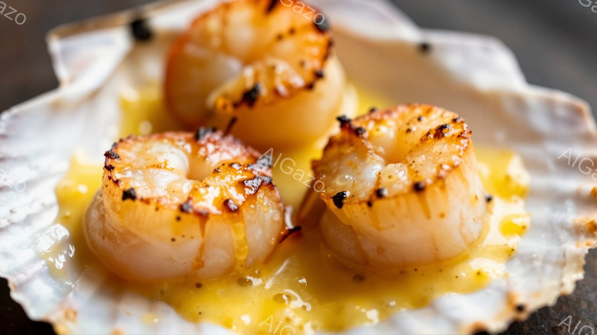 殻の中で焼き上げられたホタテが3つ並んでいる。ホタテは美しい焦げ目がついており、内部は白くふっくらとしている。黄金色のソースが殻の中に溜まっており、美味しさを引き立てている。