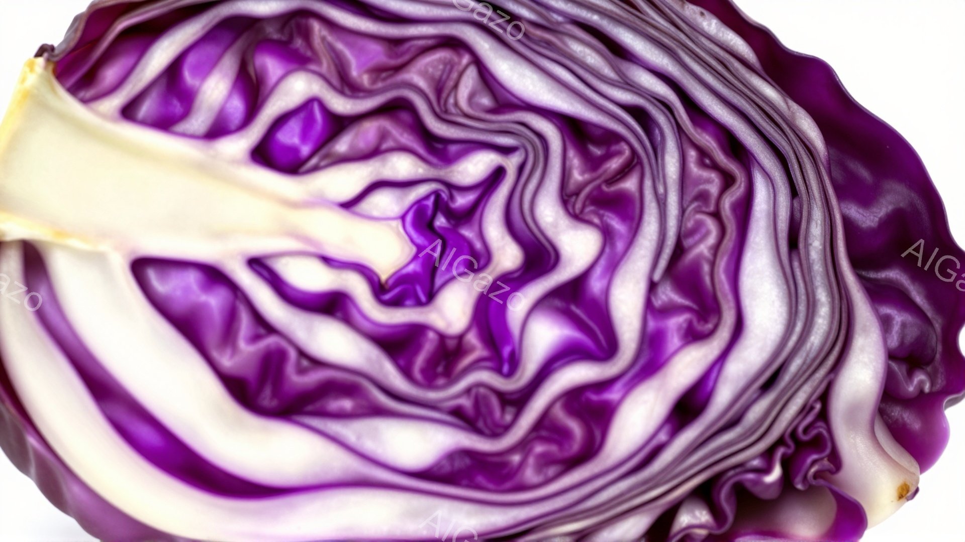 紫キャベツの断面が鮮やかに広がっている。葉脈が複雑に絡み合い、濃い紫色と白のコントラストが美しい。背景は白く、キャベツの色彩が際立っており、まるで抽象画のような印象を与える。