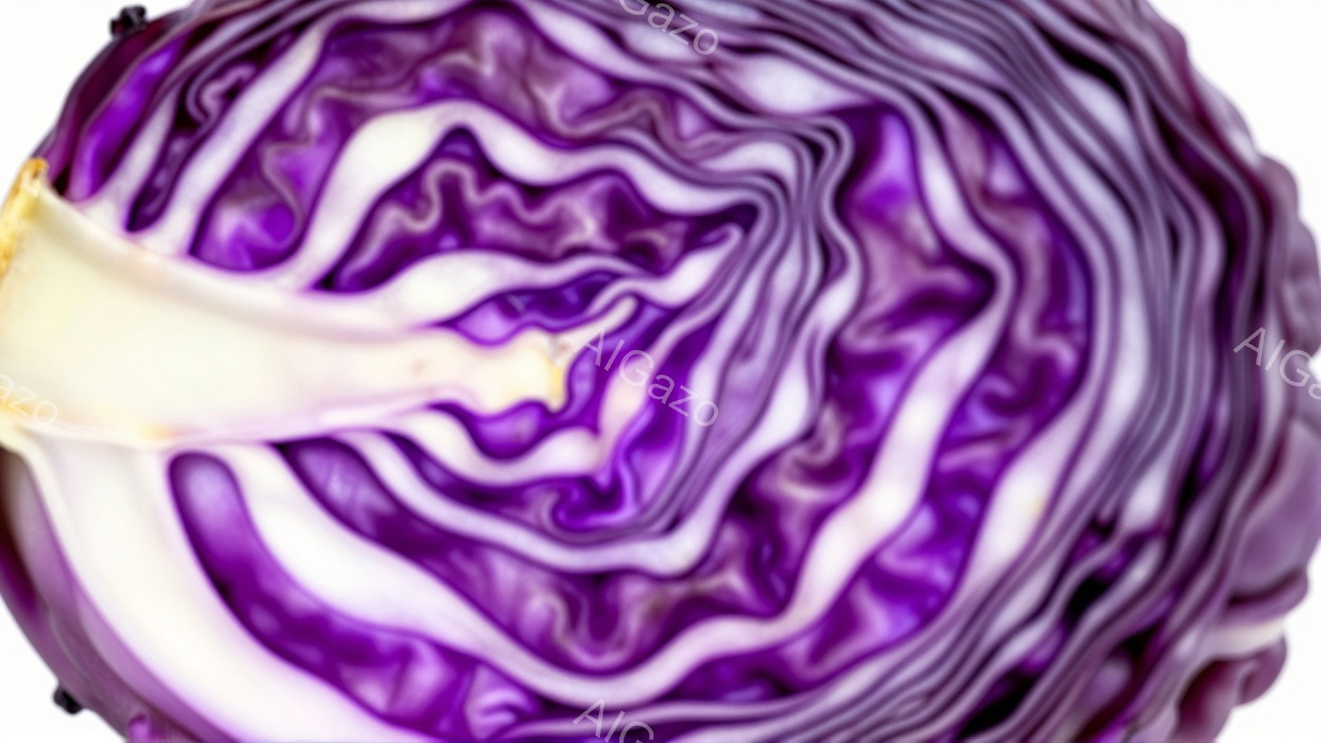 紫キャベツの断面が鮮やかに写っている。葉脈が複雑に絡み合い、濃い紫色と淡い紫色のグラデーションが美しい。背景は白く、キャベツのコントラストが際立っている。