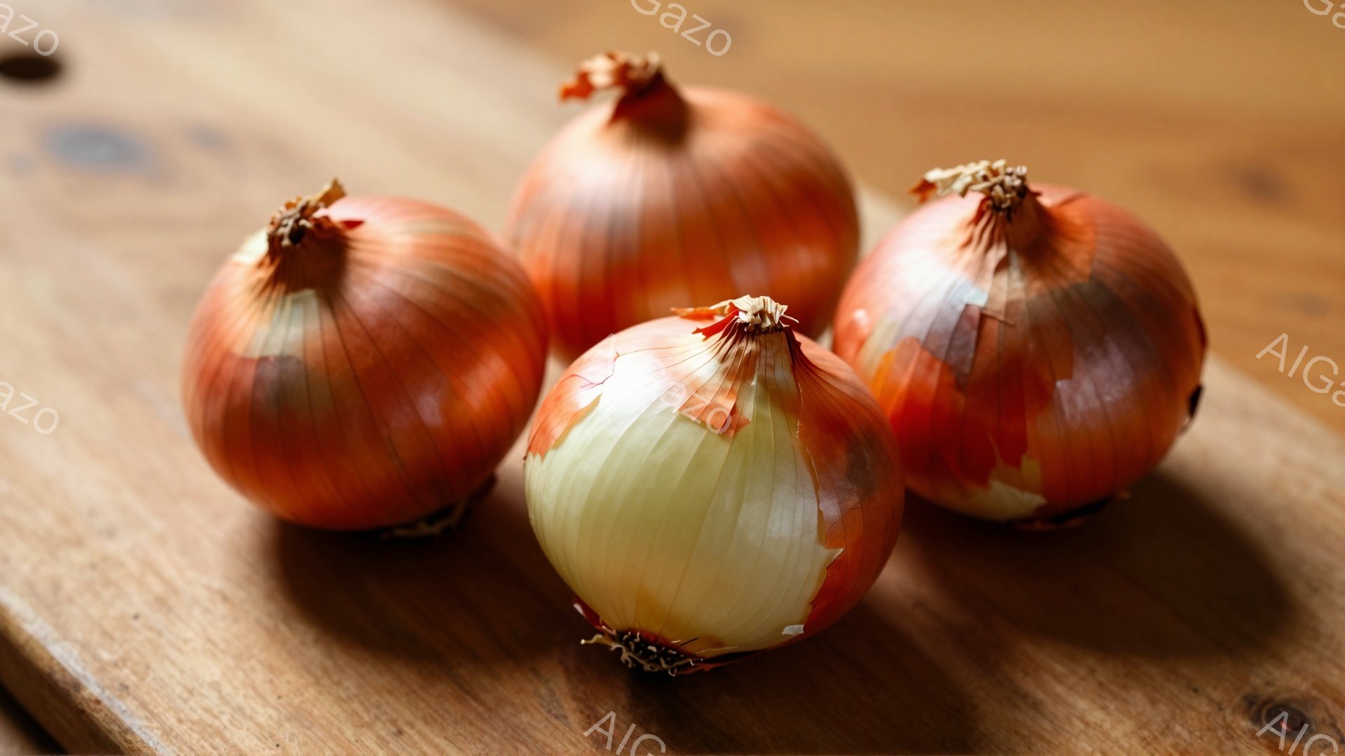 ざらつきのある木製の板の上に、４つの玉ねぎが並んでいます。それぞれの玉ねぎは薄い黄土色と赤みがかった茶色の層で覆われ、上部には乾燥した根の部分が残っています。全体的に暖色系の色調で、素朴で自然な雰囲気が漂っています。
