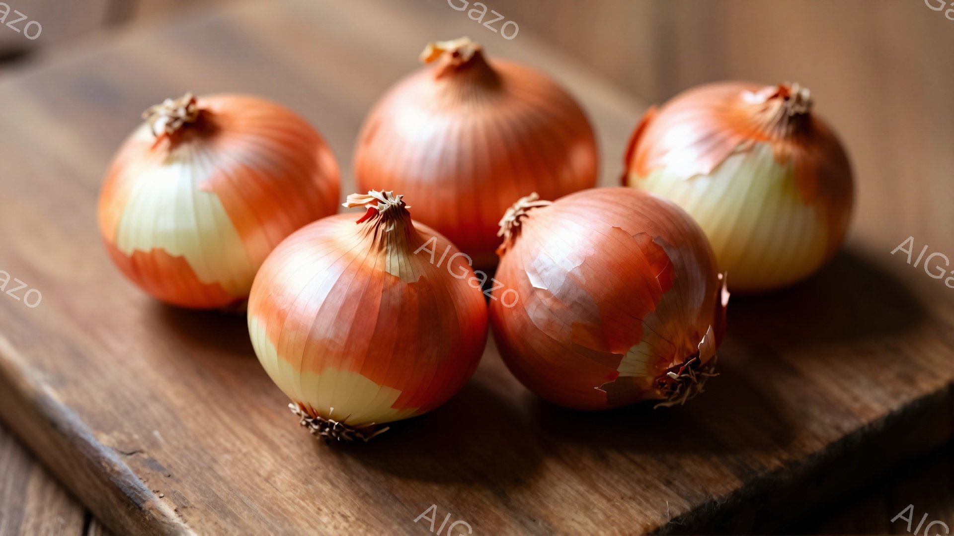 画像には、木製の板の上に置かれた５つの玉ねぎが写っています。玉ねぎは黄褐色で、表面に薄い皮があり、根元には乾燥した根が少し見えています。背景の木製プレートは、使用感のある質感を持ち、暖かく素朴な雰囲気 - AI生成フリー素材