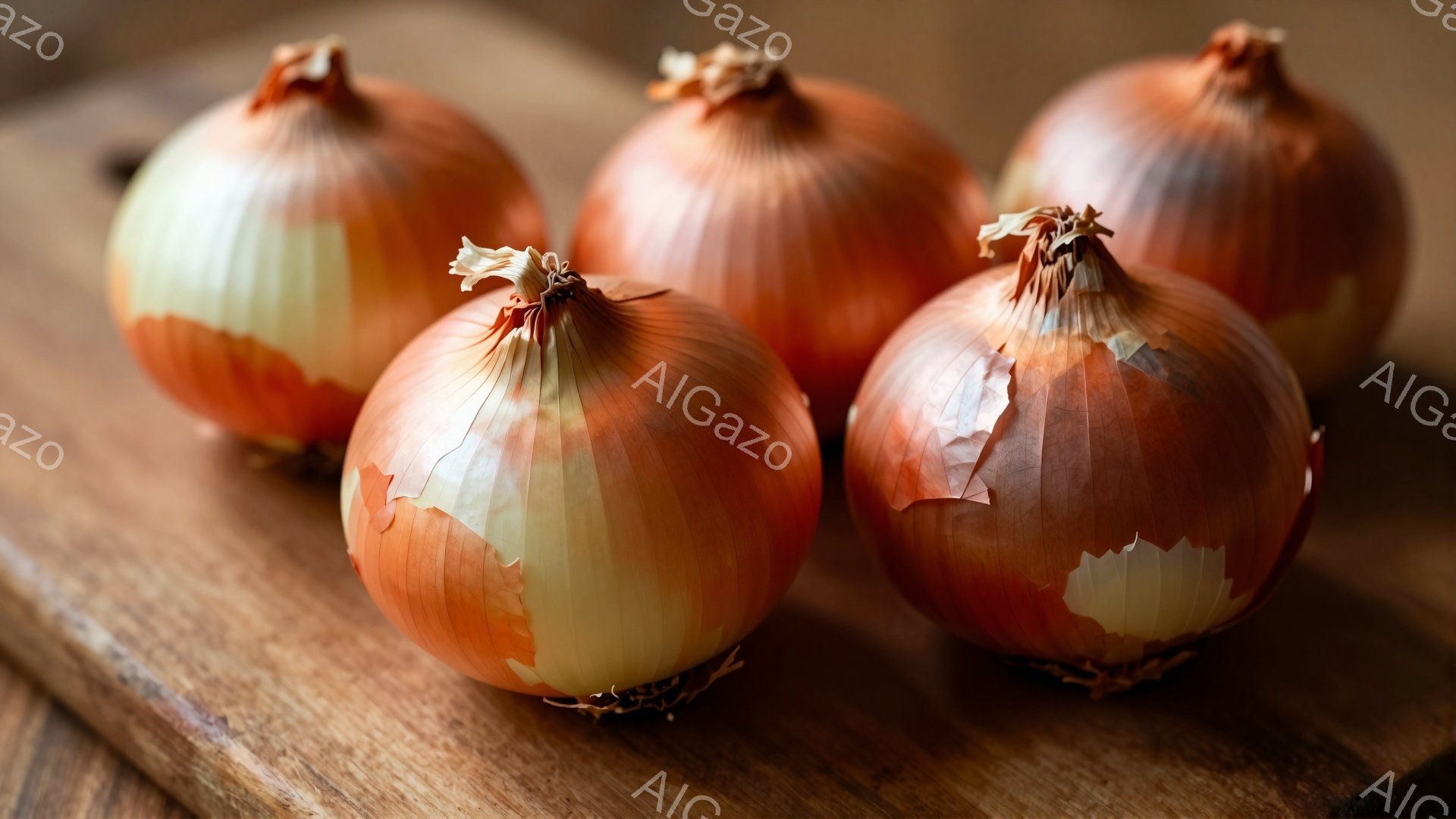 画像には、皮がむかれ始めた玉ねぎが、木の板の上に並んでいます。玉ねぎは薄いオレンジ色とクリーム色が混ざり合い、剥がれた皮の一部が茶色く見えます。背景の木製の板は、温かみのある色合いで、玉ねぎの自然な色を引き立てています。