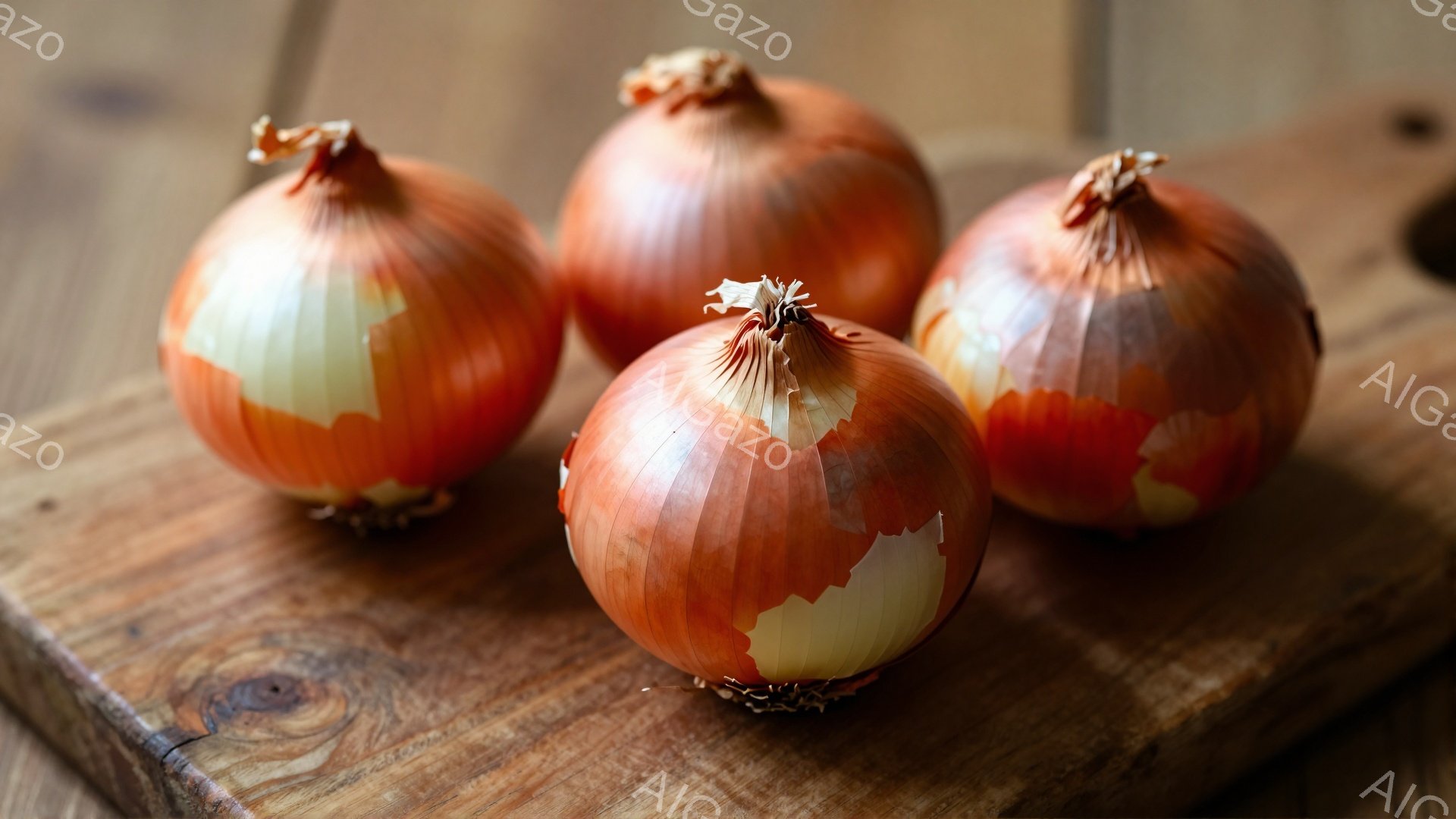画像には、剥き始めの玉ねぎが４つ、木製のまな板の上に並べられています。玉ねぎは茶色と白の層が剥がれ、ところどころで皮がむき出しになっています。背景は木の質感がはっきりとしたまな板で、温かみのある雰囲気 - AI生成フリー素材