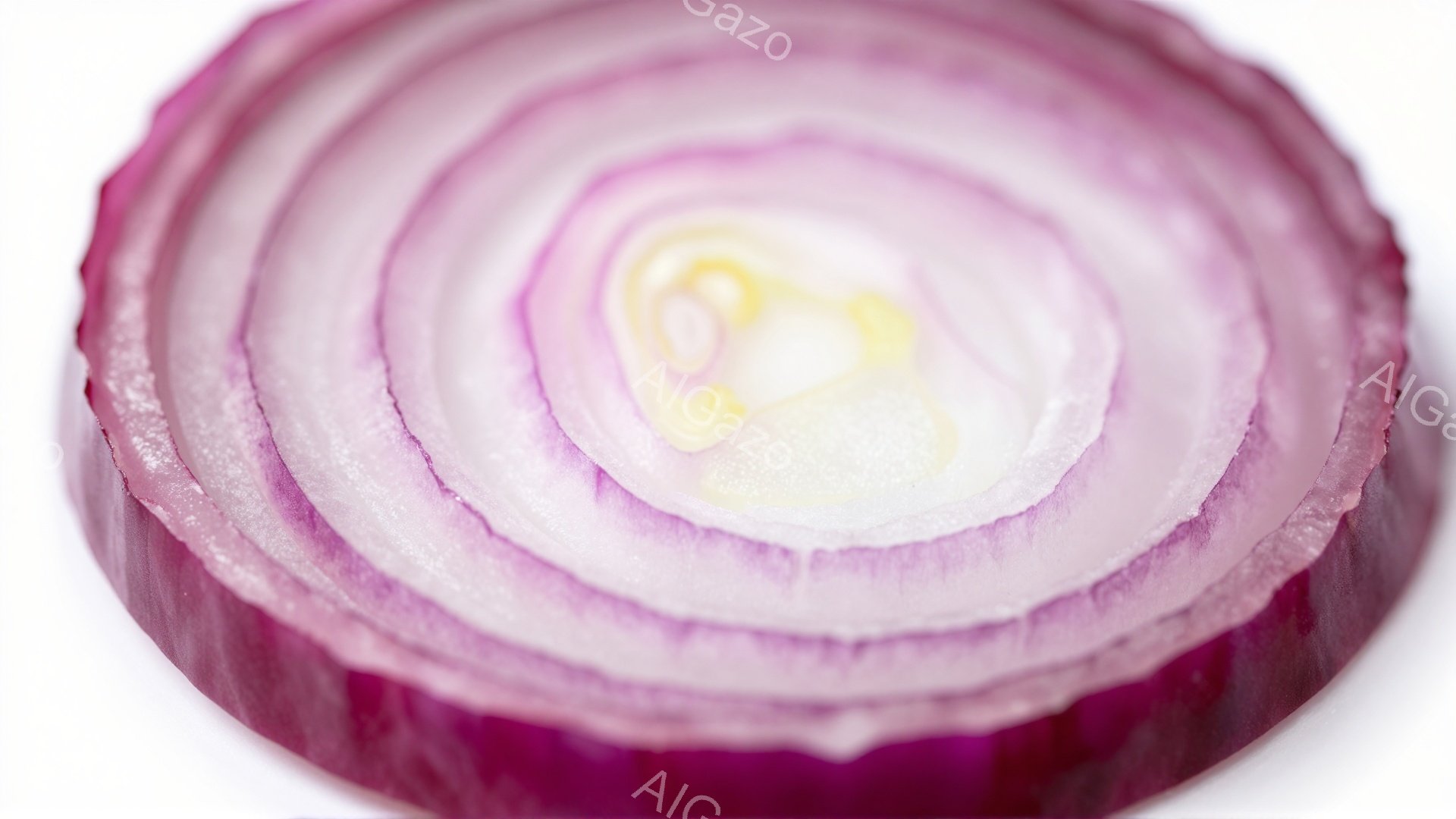 紫色の玉ねぎのスライスが、白い背景に鮮やかに映えています。玉ねぎの層が同心円状に重なり、中心部は淡い黄色をしています。全体的に、シンプルでクリーンな印象を与えるカットされた玉ねぎのアップショットです。