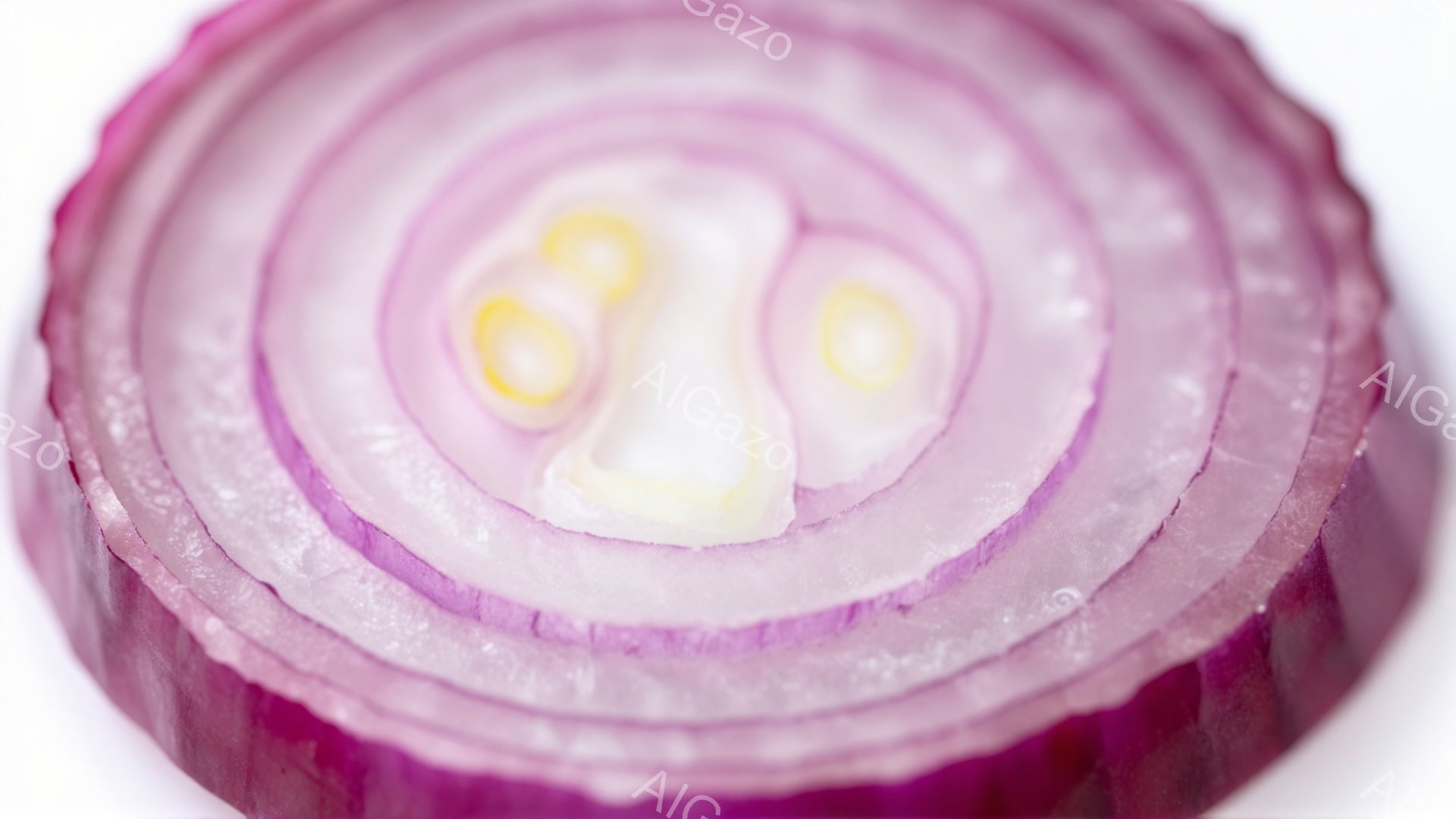 薄紫色の玉ねぎのスライスが、白い背景にクローズアップで捉えられています。中心に向かうにつれて色が濃くなり、まるで万華鏡のような美しい層が見られます。光沢があり、新鮮な玉ねぎの断面が印象的です。