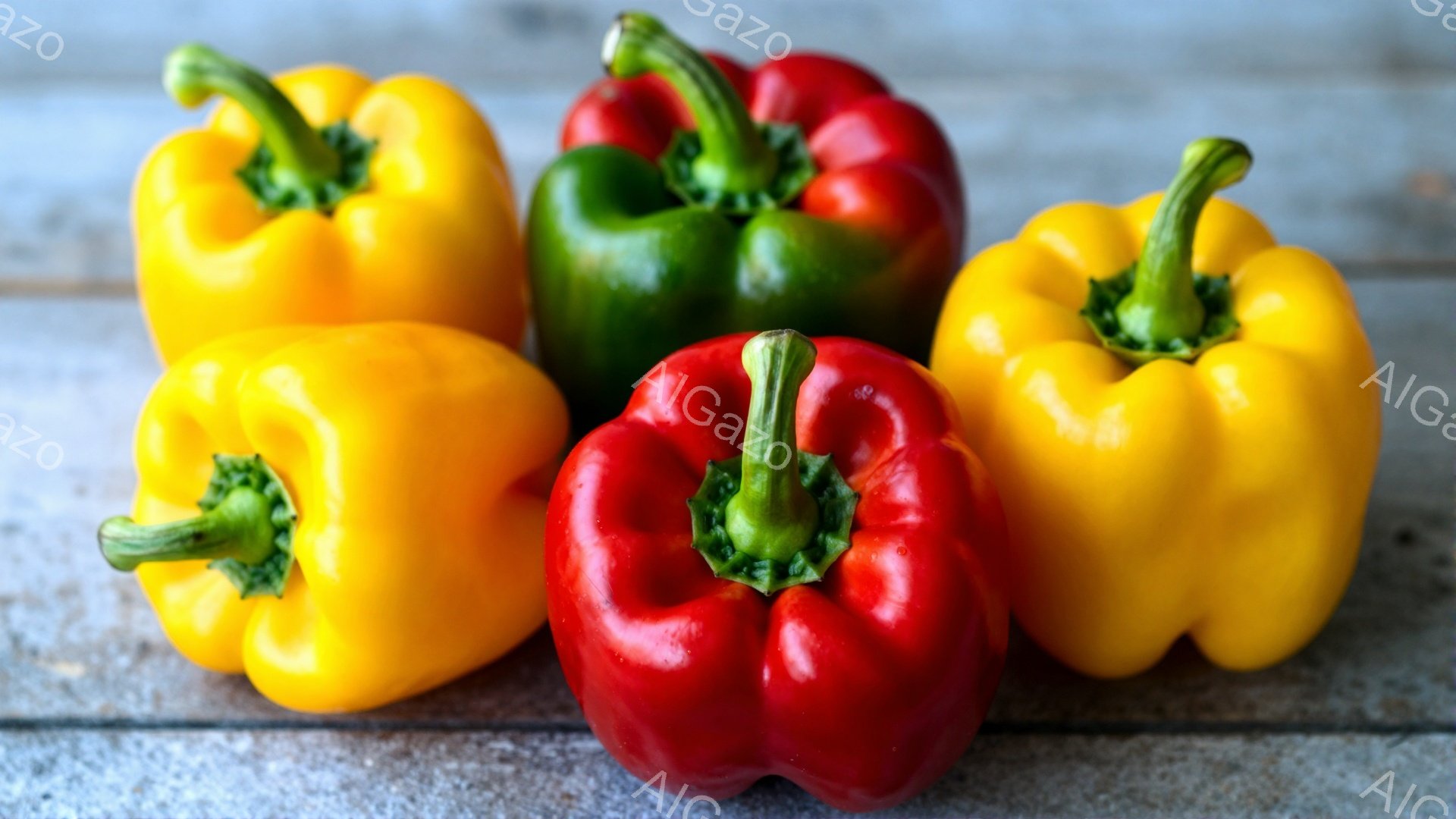 鮮やかな赤、黄、緑のピーマンが、木製の背景に並べられています。 それぞれのピーマンはつやつやとしており、新鮮で食欲をそそる様子が伝わってきます。 背景の木目は、ピーマンのカラフルさを引き立てています。 - AI生成フリー素材