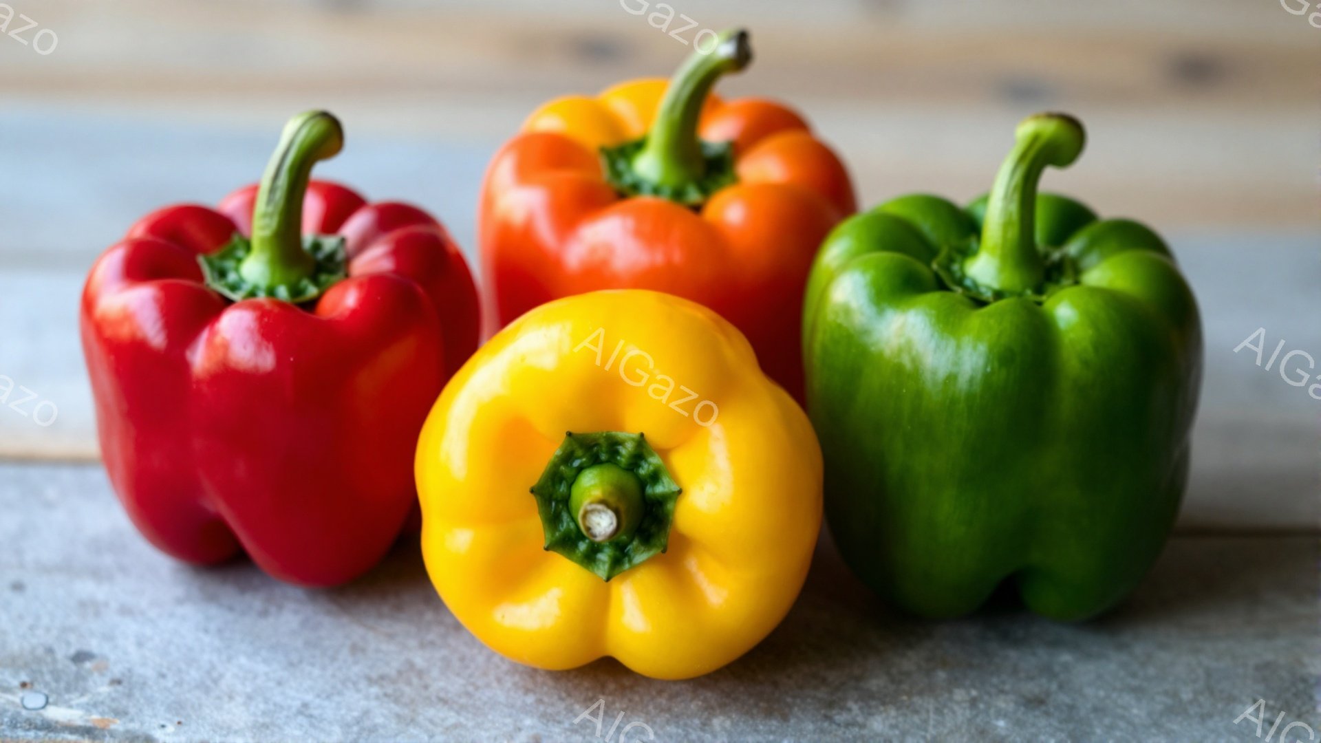 赤、オレンジ、黄色、緑のパプリカが、灰色がかった木製の背景に並んで配置されています。それぞれのパプリカは、丸みを帯びた形をしており、上部には緑色のヘタが付いています。全体的に、新鮮でカラフルな野菜のクローズアップ写真であり、シンプルな構成が際立っています。