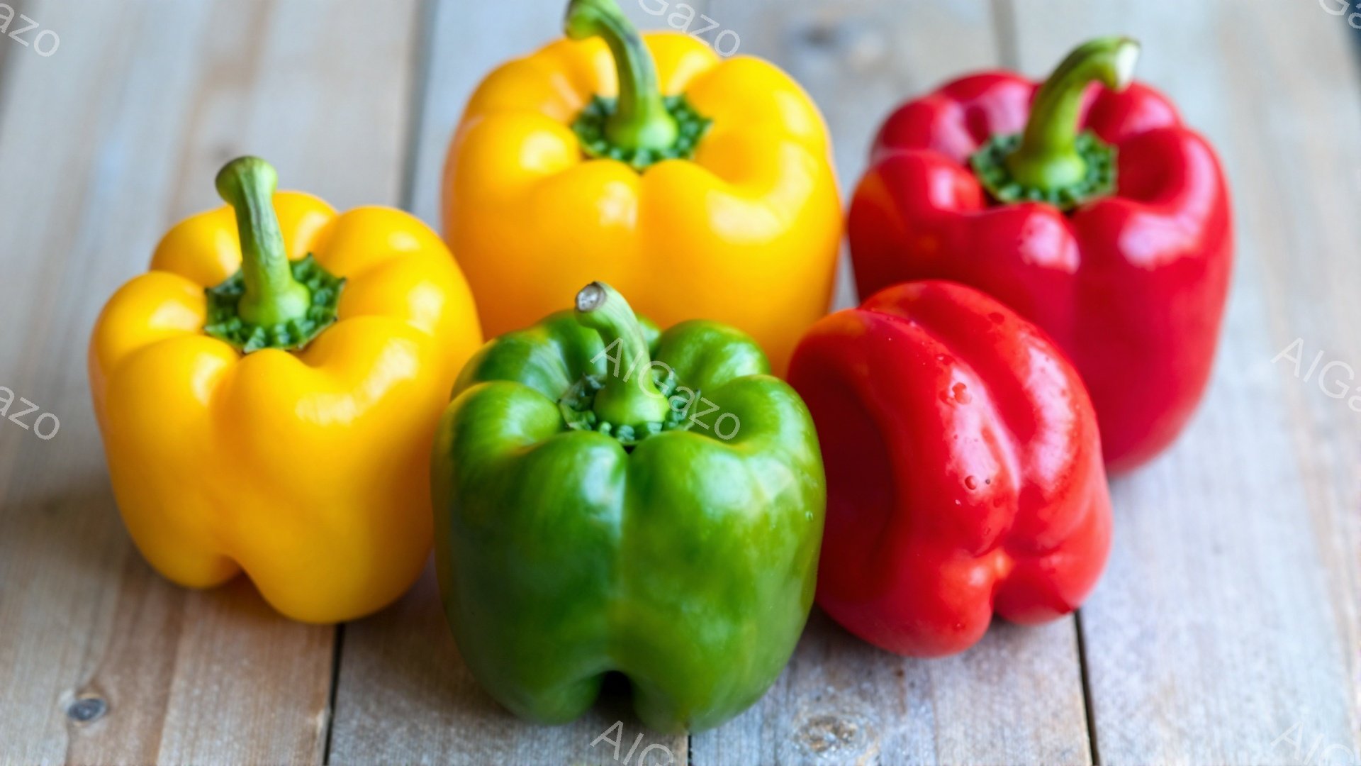 画像には、黄、緑、赤のパプリカが木製の背景に並んでいます。それぞれのパプリカは鮮やかな色をしており、光沢があり、丸みを帯びた形をしています。背景はグレーがかった木目調で、パプリカの彩りを引き立てています。