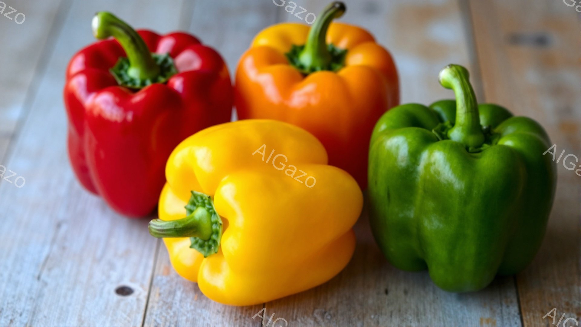 赤、オレンジ、黄、緑のパプリカが、木製のテーブルの上に並べられています。それぞれのパプリカは瑞々しく、鮮やかな色合いで、食欲をそそる様子が伝わってきます。背景の木製テーブルは、わずかに傷みや木目が残り、素朴な雰囲気を醸し出しています。