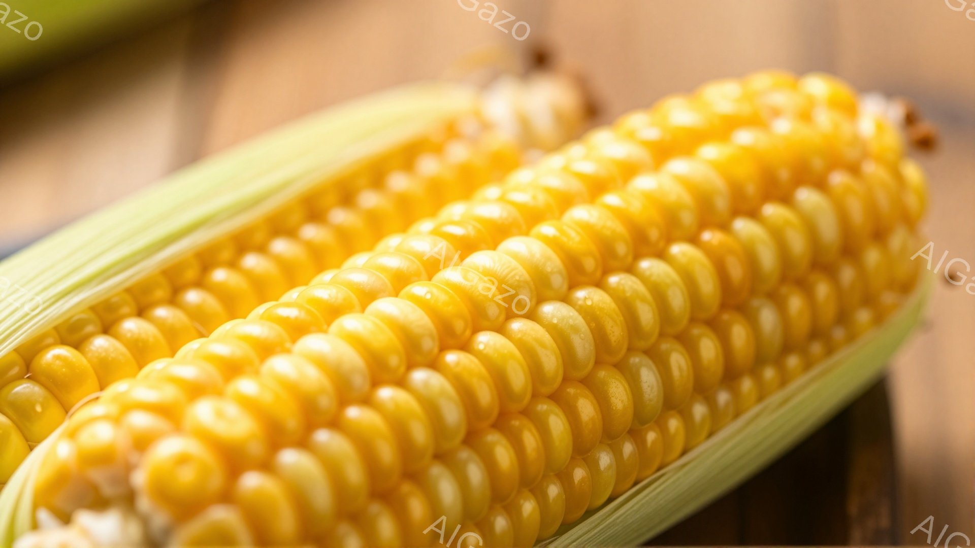 画像は、皮の一部が剥がされたトウモロコシをクローズアップで捉えたものです。黄色い粒がびっしりと並び、みずみずしく輝いています。背景には木製の表面が見え、自然で温かみのある雰囲気を醸し出しています。 - AI生成フリー素材