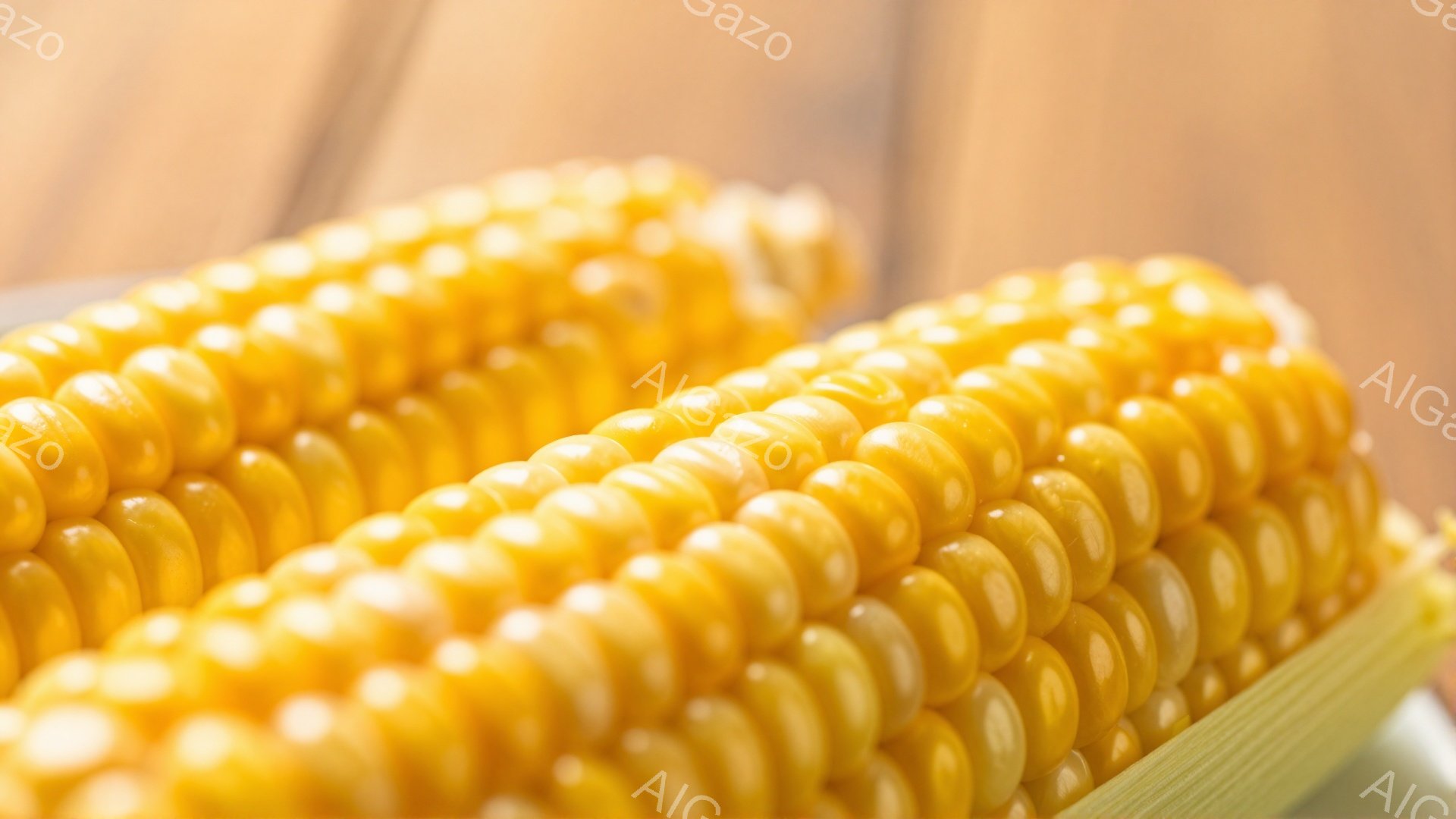 鮮やかな黄色のトウモロコシが画面いっぱいに広がっています。粒々は均一に並び、つややかで瑞々しい様子が伝わってきます。背景はぼやけており、トウモロコシの存在感が際立っています。