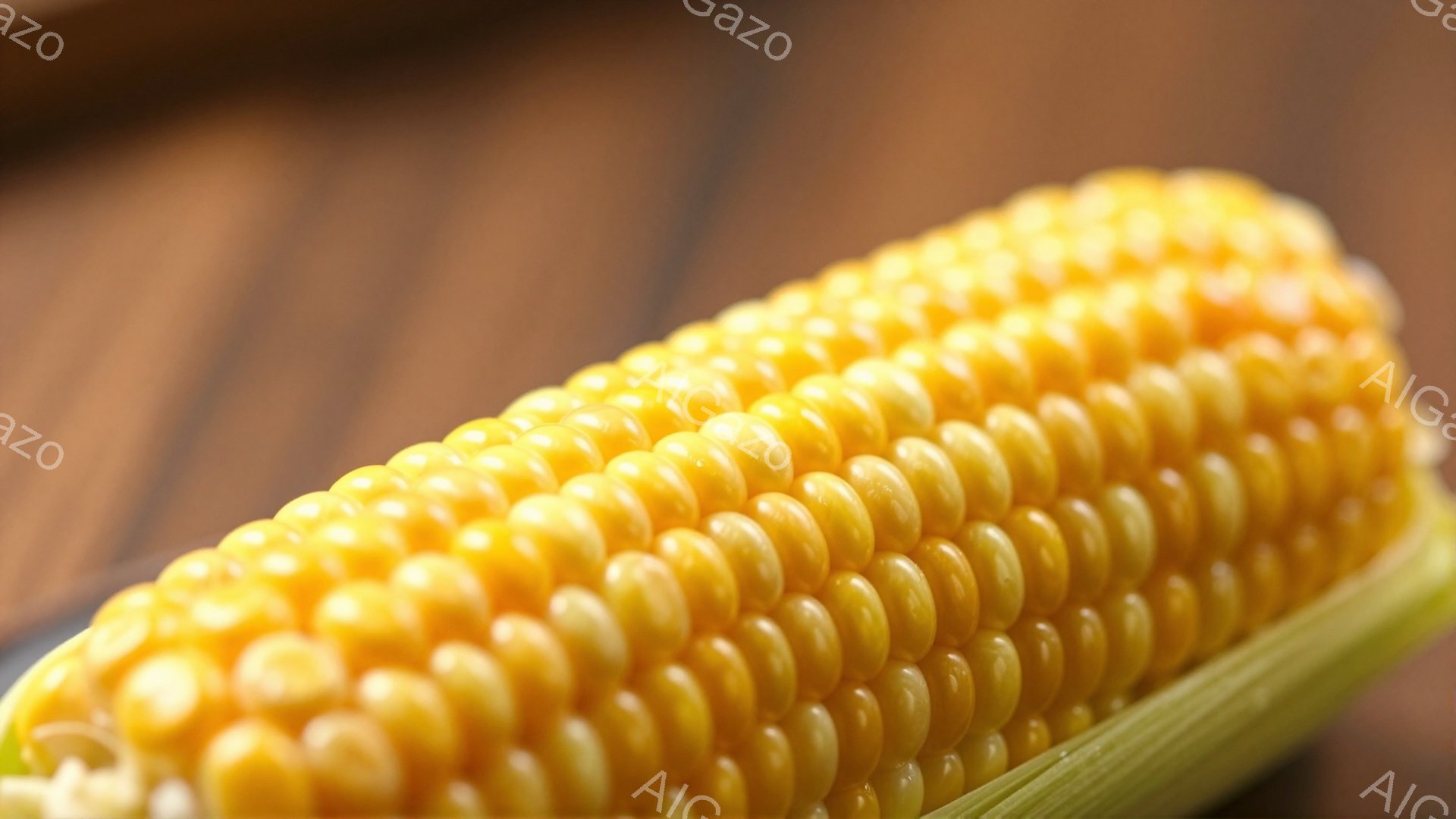 鮮やかな黄色のトウモロコシが画面いっぱいに広がっています。粒はぎっしりと並び、みずみずしい光沢を放っています。背景は木目調の茶色で、トウモロコシの色を引き立てています。 - AI生成フリー素材