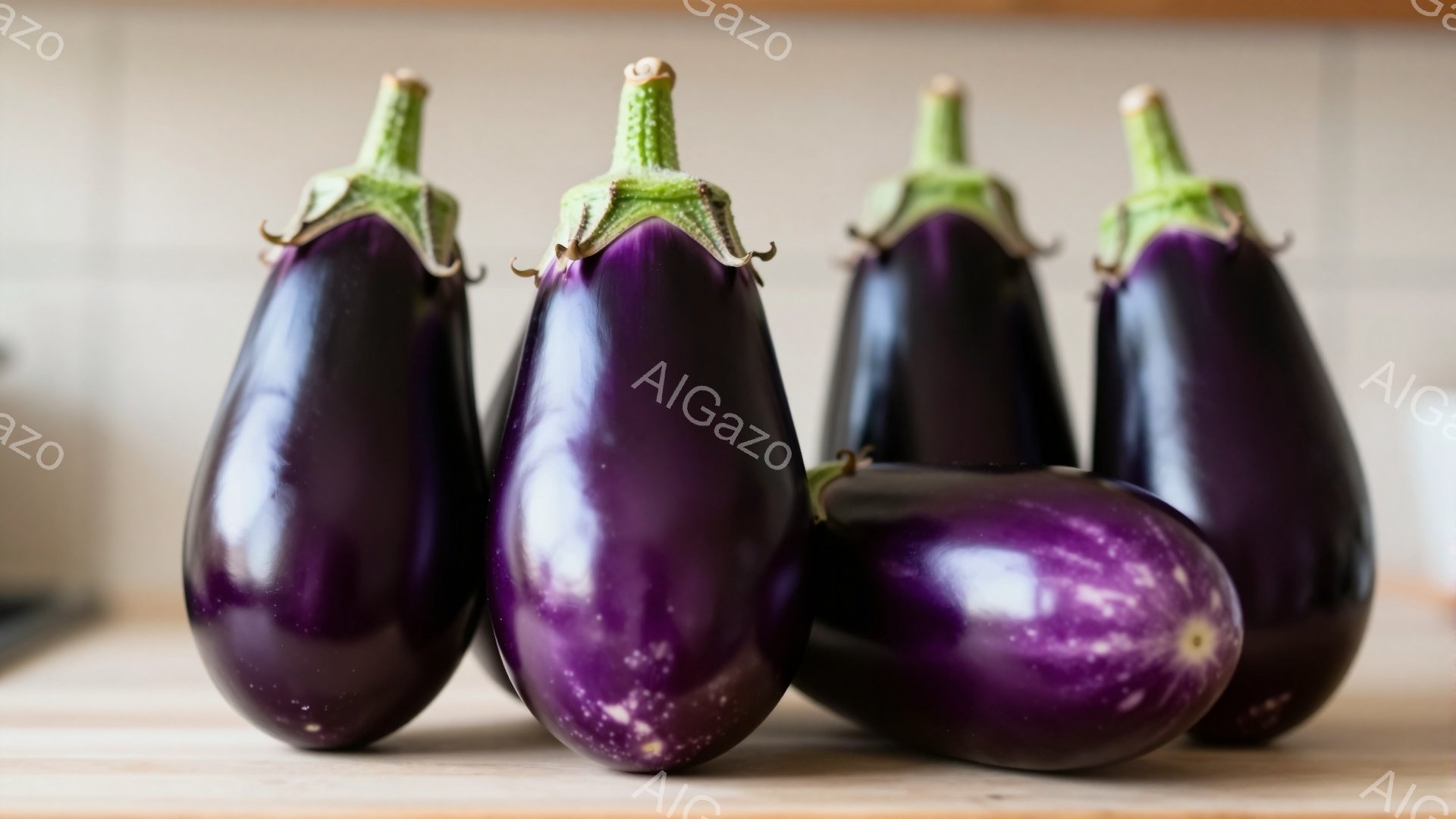 画像には、光沢のある濃い紫色のナスが4つ、木製のまな板の上に並べられています。ナスはそれぞれ形が少しずつ異なり、つぼみが緑色で、表面にわずかな傷や斑点が見られます。背景はぼやけていますが、キッチンの一部であることが推測され、全体的に落ち着いた雰囲気が漂います。