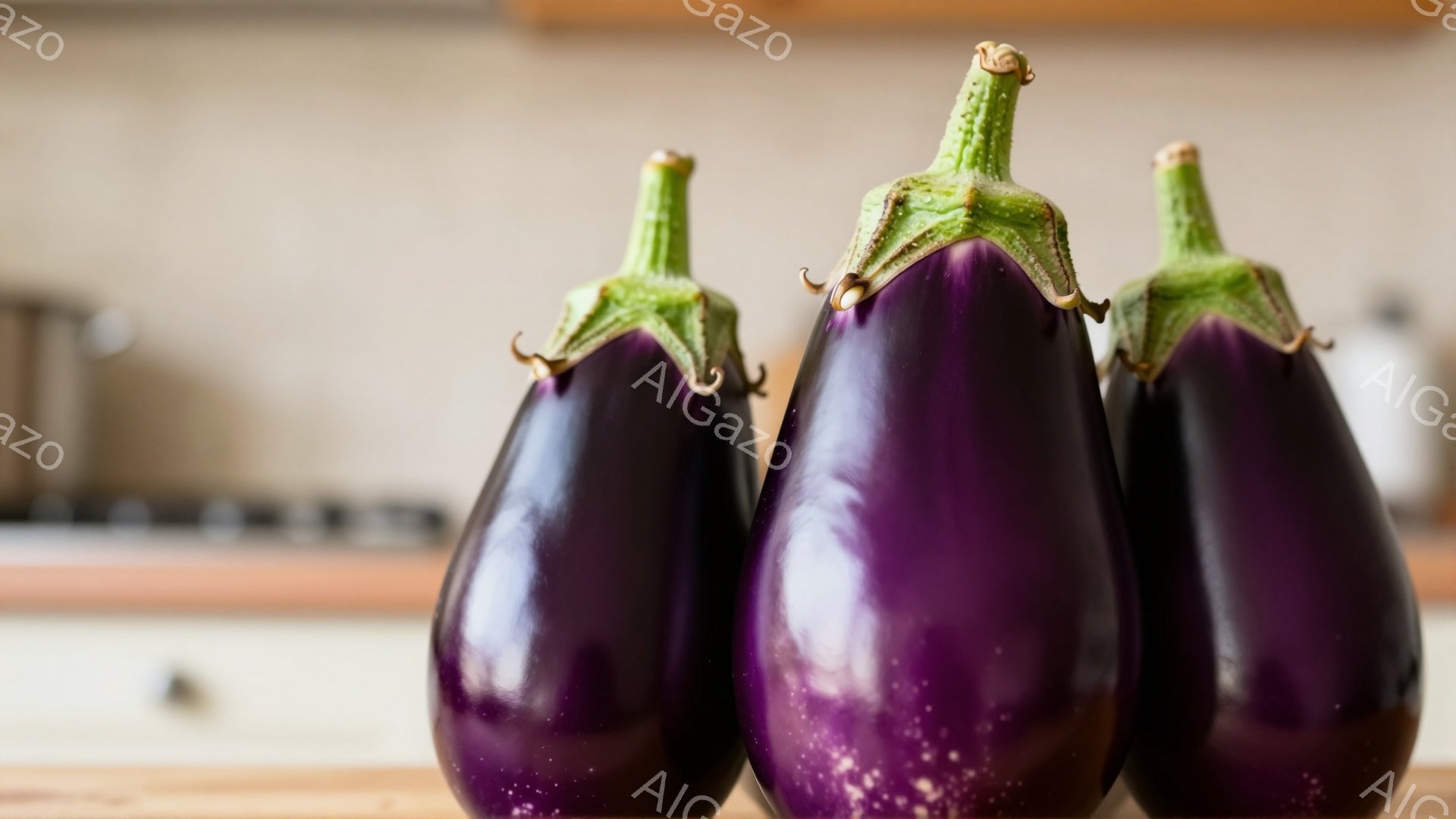 鮮やかな紫色のナスが三つ、木製のテーブルの上に並んでいます。背景にはぼやけたキッチンの一部が見え、暖色系の色調が全体的に広がっています。ナスは新鮮でつやがあり、食欲をそそる雰囲気を醸し出しています。