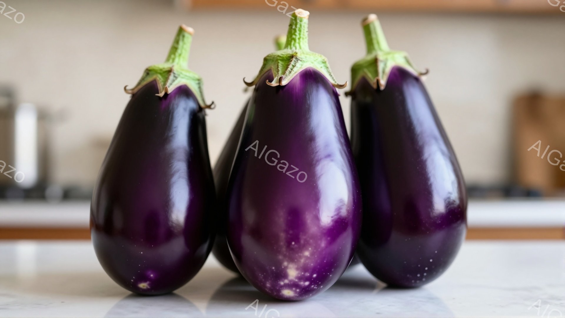 鮮やかな紫色のナスが3本、白いカウンターの上に並んでいます。ナスはつやがあり、新鮮に見え、それぞれ緑色の萼（がく）が付いています。背景はぼやけたキッチンの一部で、暖色系のキャビネットやステンレス製の器具が見え、全体的に清潔で明るい雰囲気です。