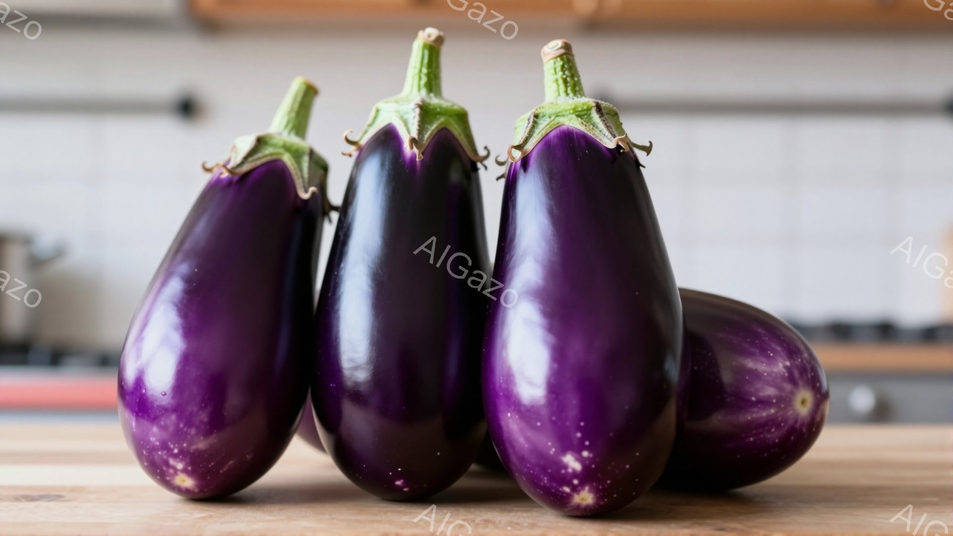 濃い紫色のナスが4つ、木製のテーブルの上に並べられています。表面にはわずかな傷や斑点があり、新鮮で自然な風合いを感じさせます。背景にはぼやけたキッチンの一部が見え、家庭的な雰囲気です。