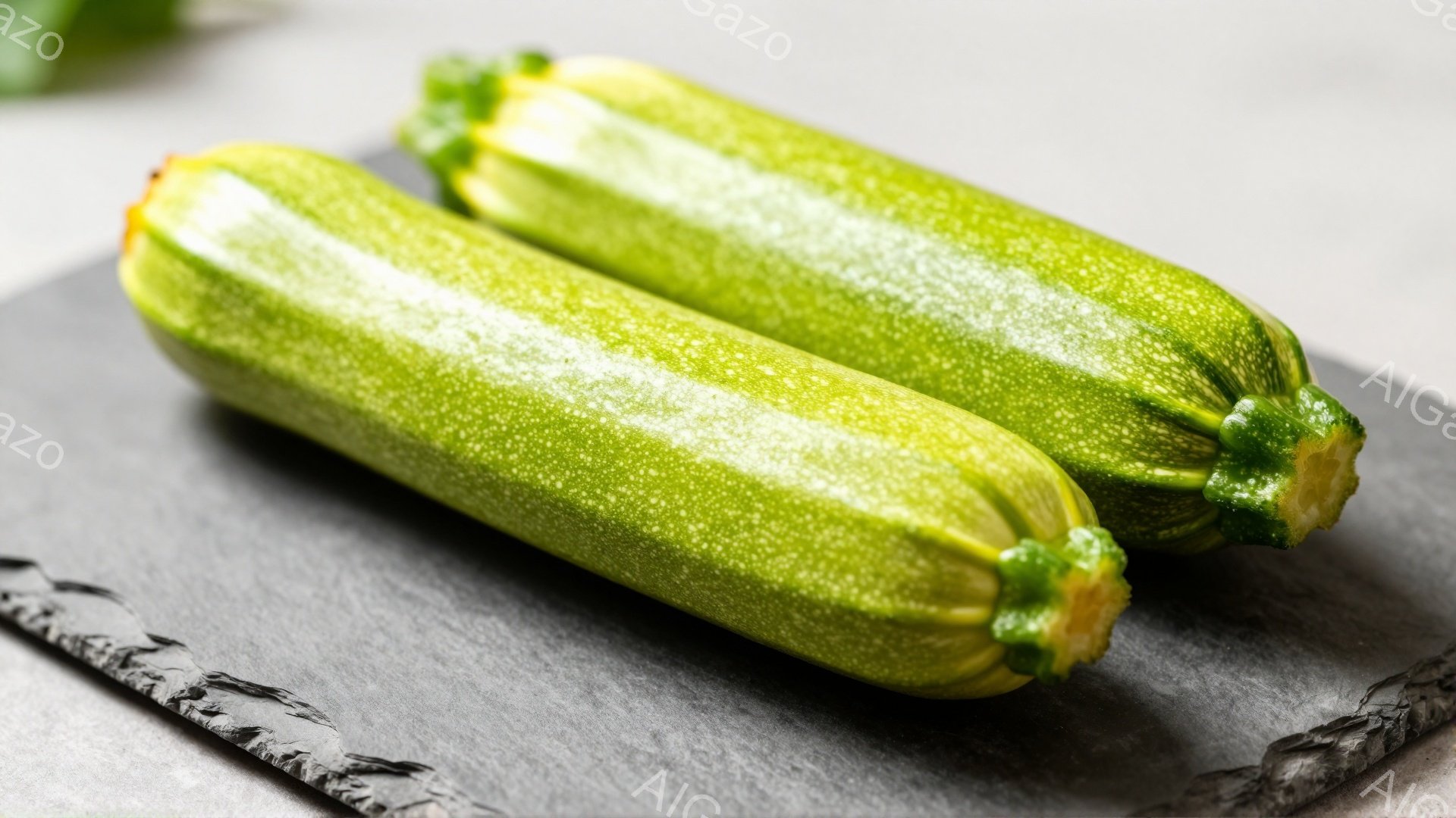 2本のズッキーニが、スレートのような黒色のプレートの上に並んでいます。ズッキーニは鮮やかな緑色で、表面に細かい斑点があり、茎の部分には少し黄色の部分が見えます。背景はぼやけており、プレートの質感とズッキーニの鮮やかな色が際立っています。