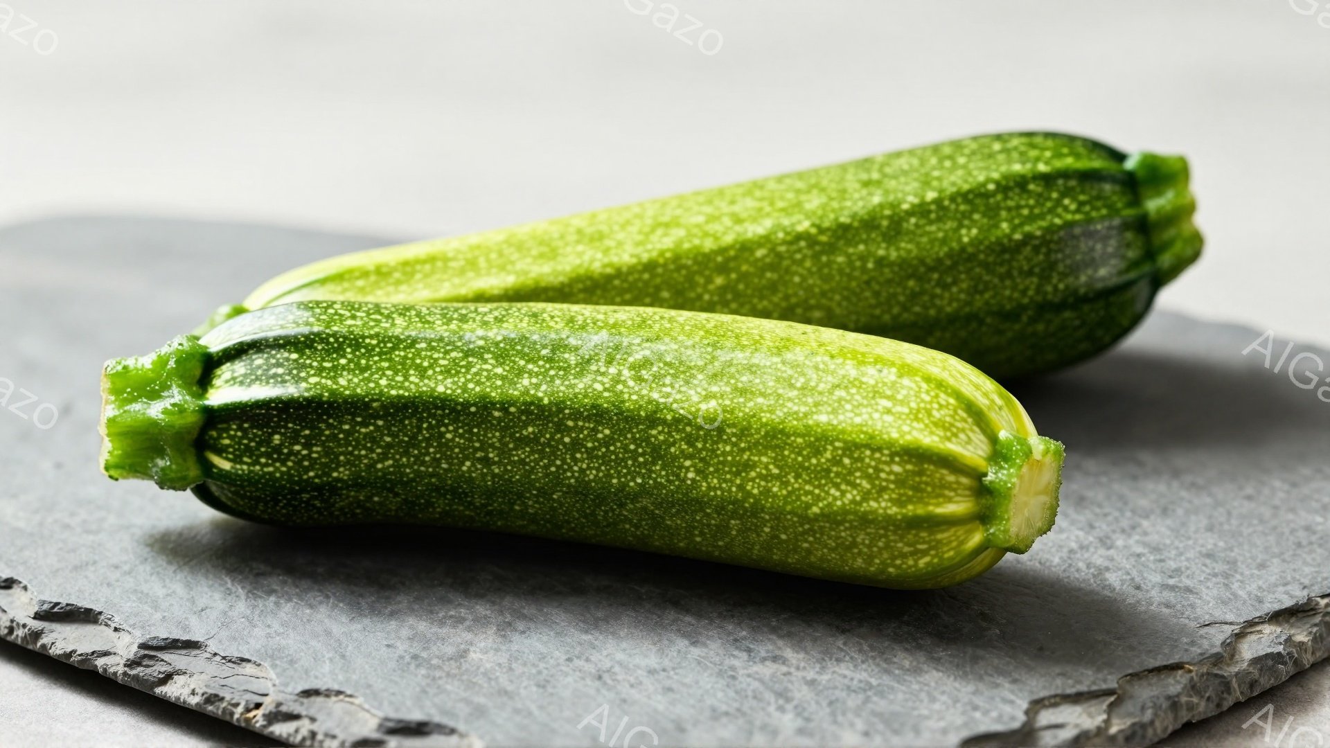 画像には、2本の緑色のズッキーニが、黒色のスレートのような板の上に置かれています。ズッキーニは表面に小さな斑点があり、新鮮でみずみずしい印象を与えます。背景は単調なグレーで、ズッキーニの色を際立たせています。