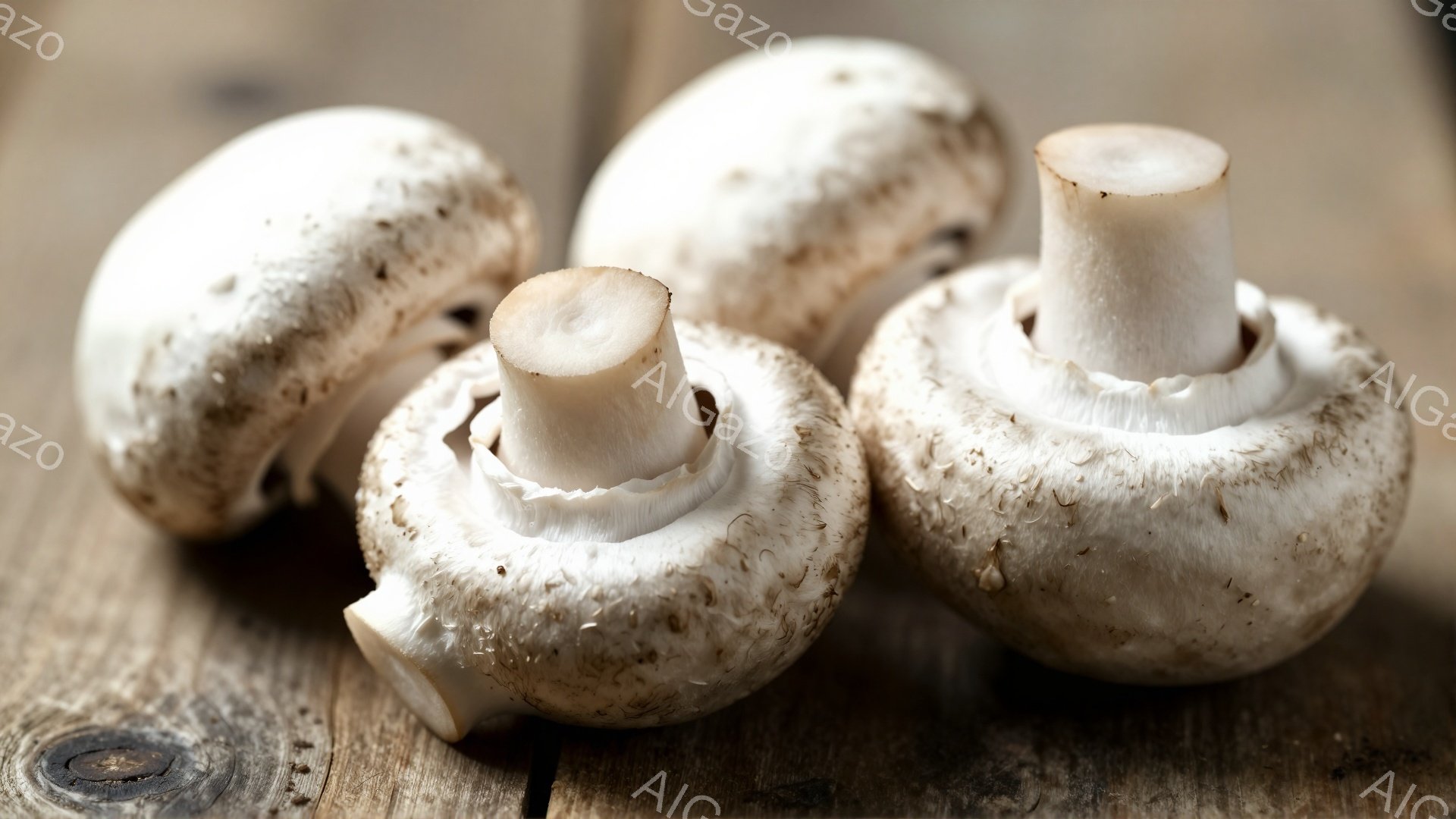 画像には、切り口が見える4つの白いマッシュルームが、木製のテーブルの上に並んでいます。マッシュルームは、キャップ部分が丸みを帯びており、茎の部分は短く、全体的に新鮮で清潔な印象を与えます。背景は木目が - AI生成フリー素材