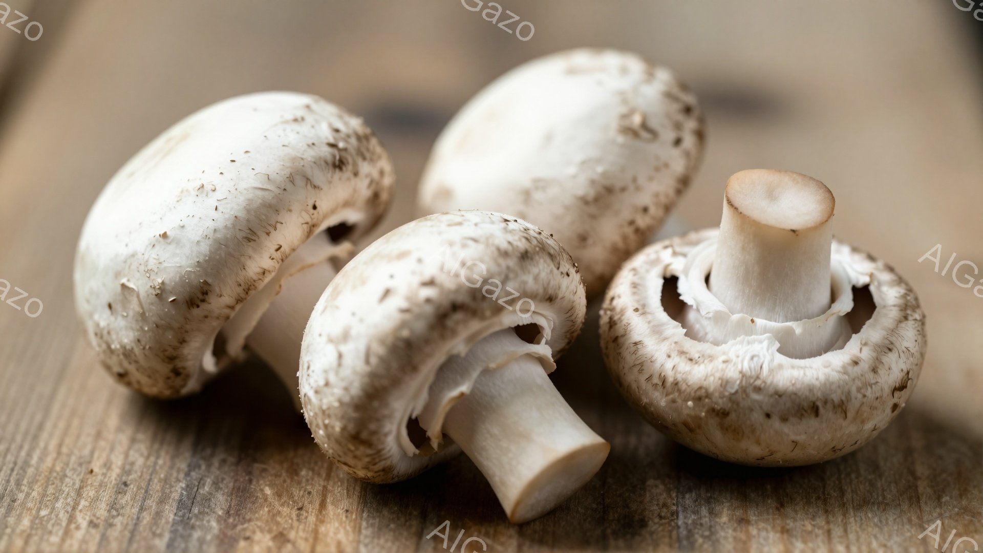 画像には、茶色い木製の表面に置かれた4つのキノコが写っています。そのうち3つは半分にカットされており、内部の白い組織と短い茎が見えます。残りのキノコは全体で、茶色と白の斑点模様が特徴的で、全体的に落ち着いた雰囲気を醸し出しています。