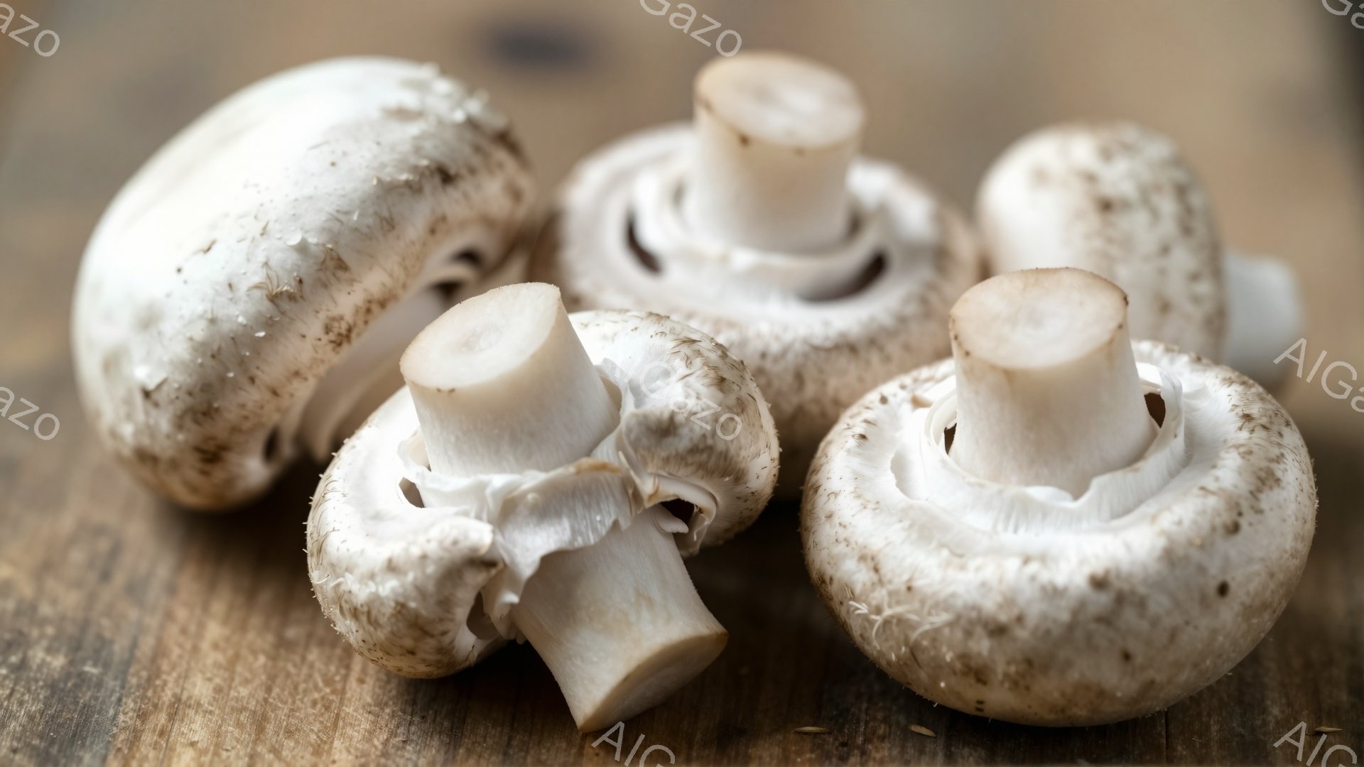 白いキノコが木の板の上に置かれています。いくつかのキノコは切られており、その内部が露出しています。背景は木製の質感が強調されたテーブルで、全体的にナチュラルで素朴な雰囲気が漂います。 - AI生成フリー素材